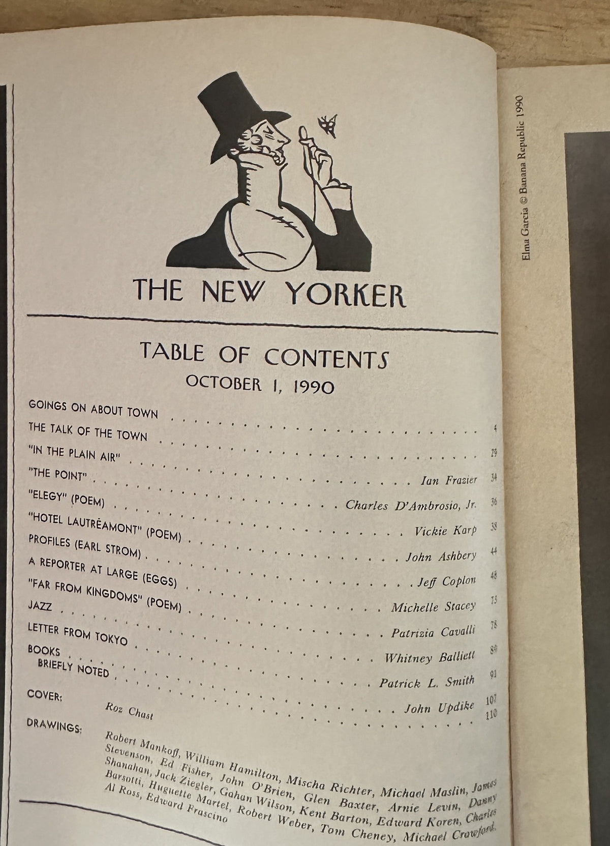 The New Yorker Magazine October 1, 1990 NYC Underground Roz Chast Cover VG opened to the Table of Contents page listing featured articles, poems, profiles, books, and cover artist Roz Chast.
