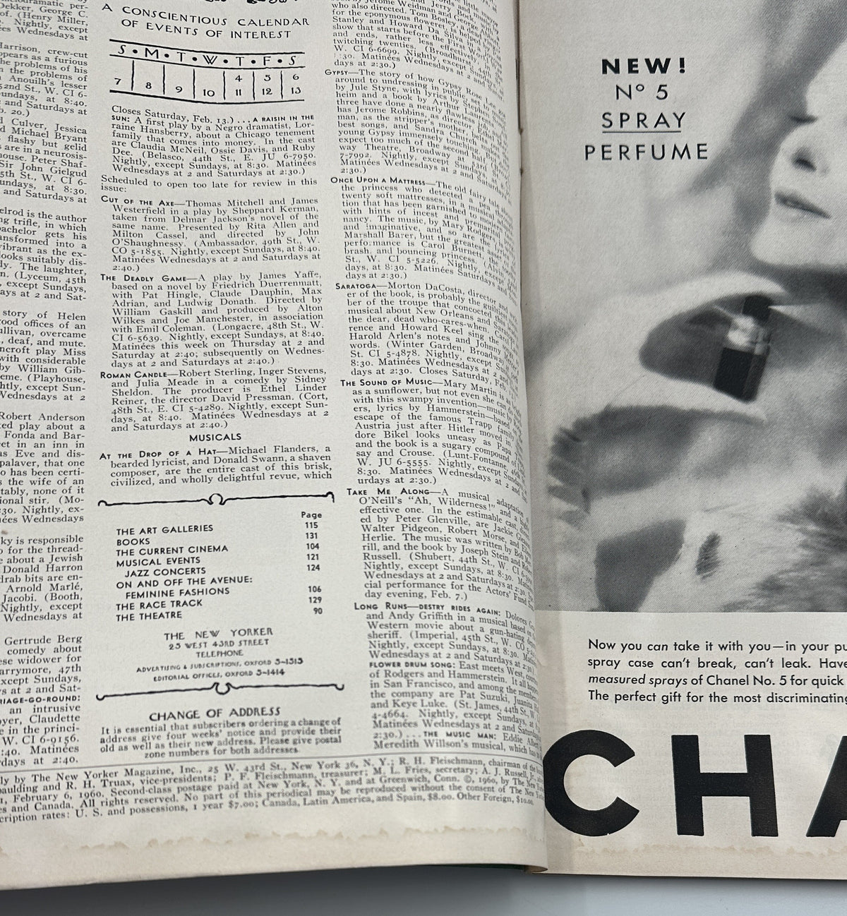 The New Yorker Magazine February 6, 1960 Dim Restaurant Interior Arthur Getz Cover opened to the table of contents beside a vintage Chanel No. 5 perfume advertisement.