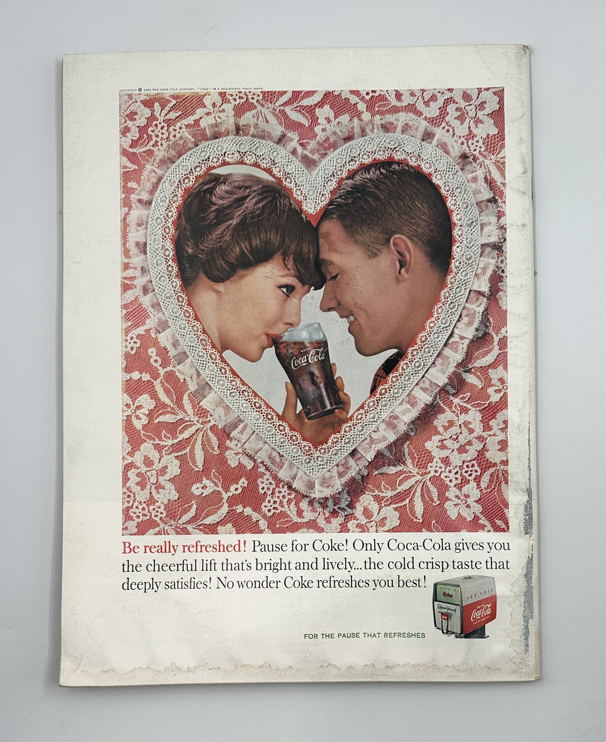 The New Yorker Magazine February 6, 1960 Dim Restaurant Interior Arthur Getz Cover featuring a vintage Coca-Cola advertisement with a smiling couple sharing a Coke inside a heart-shaped design