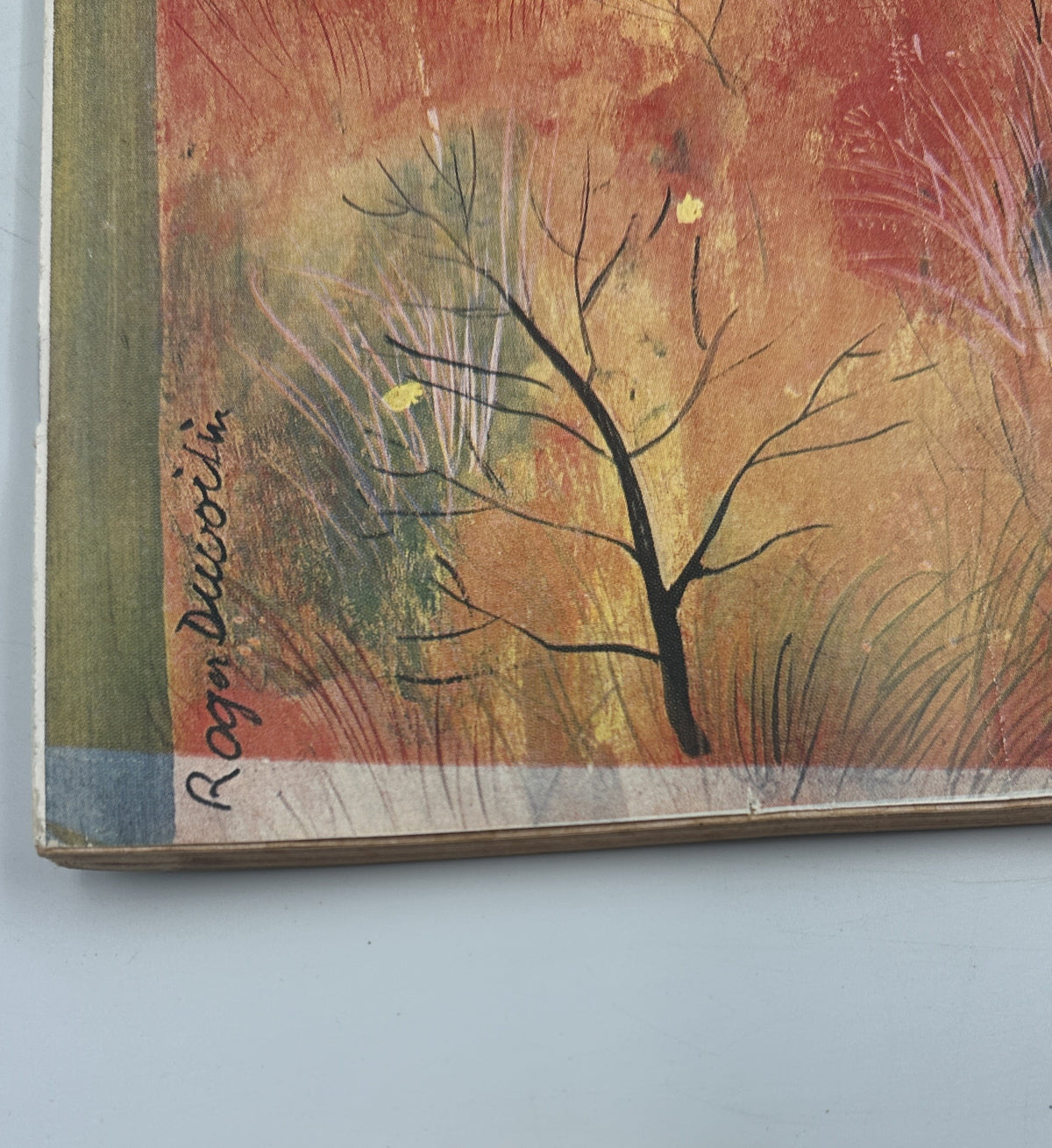 The New Yorker Magazine October 12, 1957 Fall Landscape Roger Duvoisin Cover, close-up of the illustrated autumn cover showing Roger Duvoisin's signature and age-related wear.