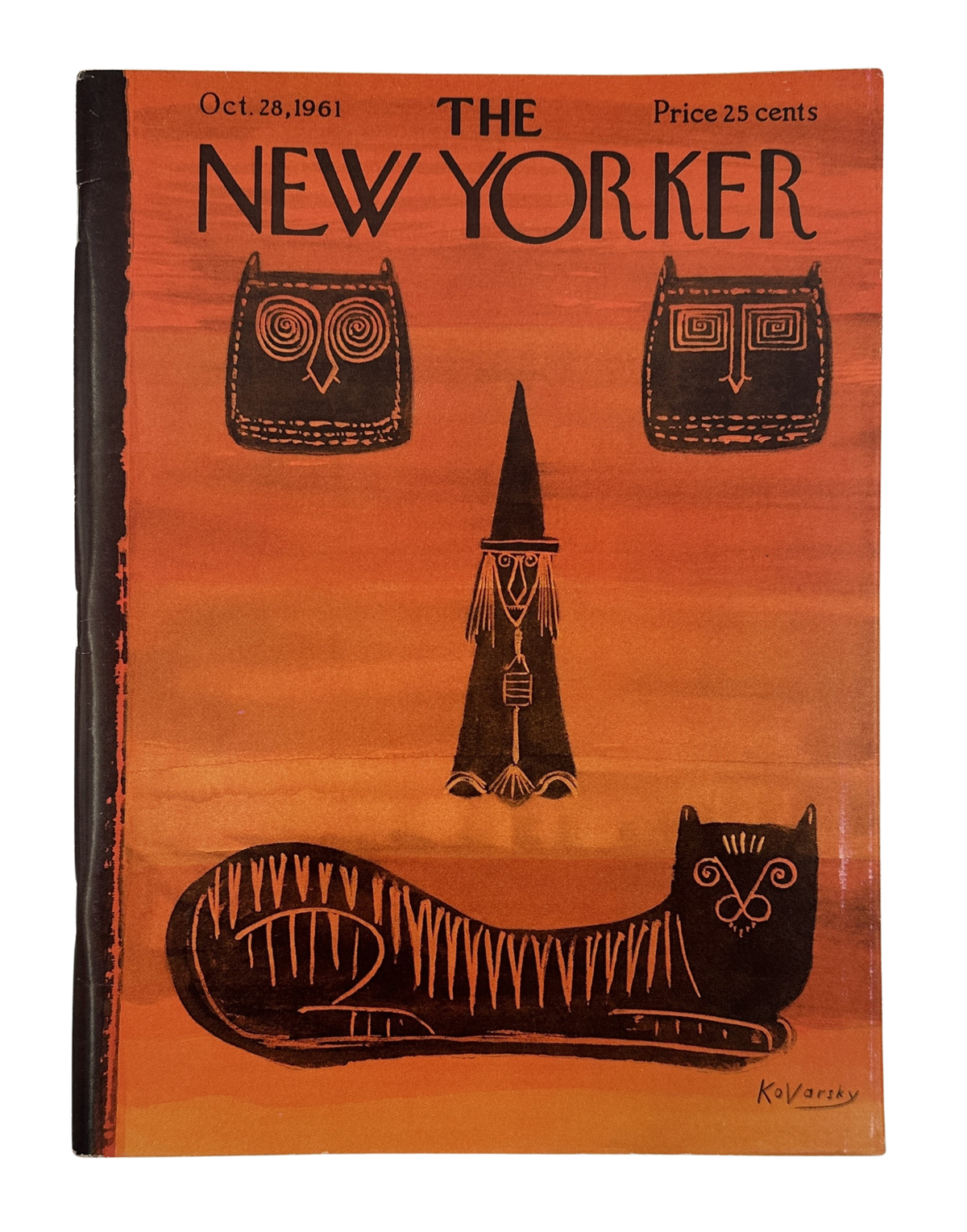 The New Yorker Magazine October 28, 1961 Black Cat Owl Anatol Kovarsky Cover, featuring an illustrated black cat, owls, and stylized figures on an orange background.