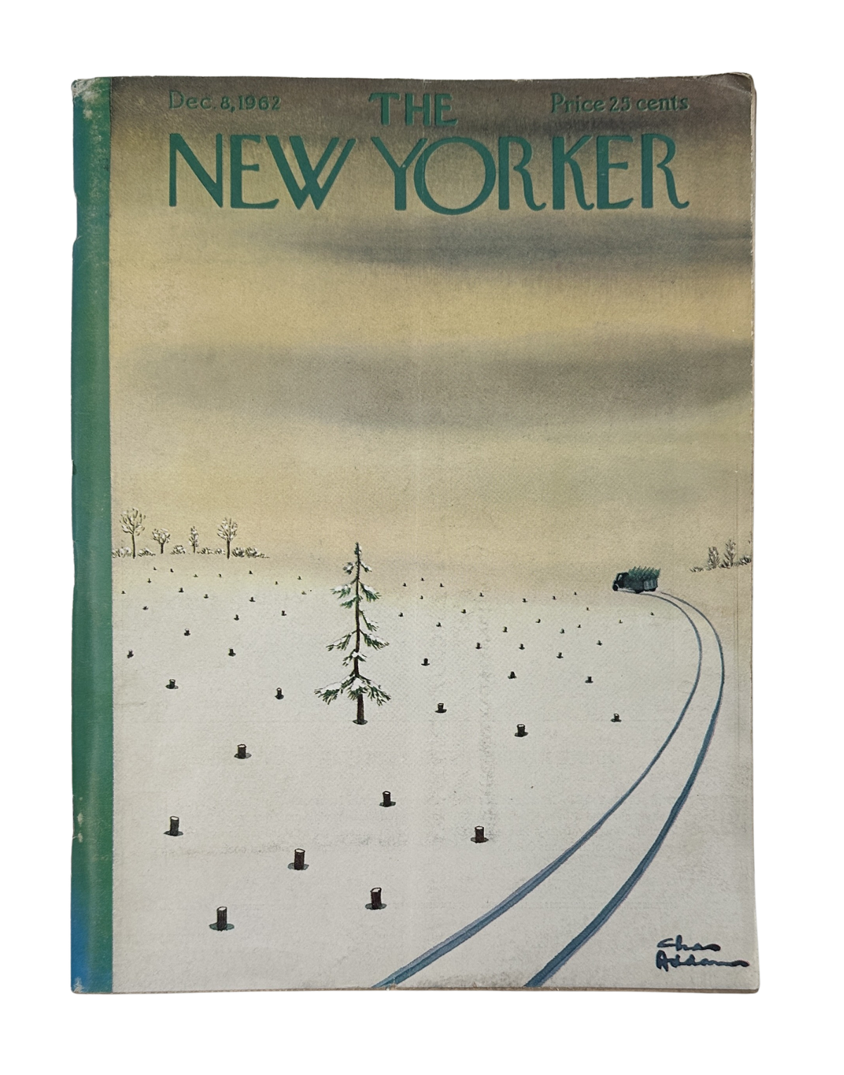 The New Yorker Magazine December 8, 1962 Snowy Tree Winter Charles Addams Cover, showing a snow-covered landscape with a winding road, trees, and scattered figures.