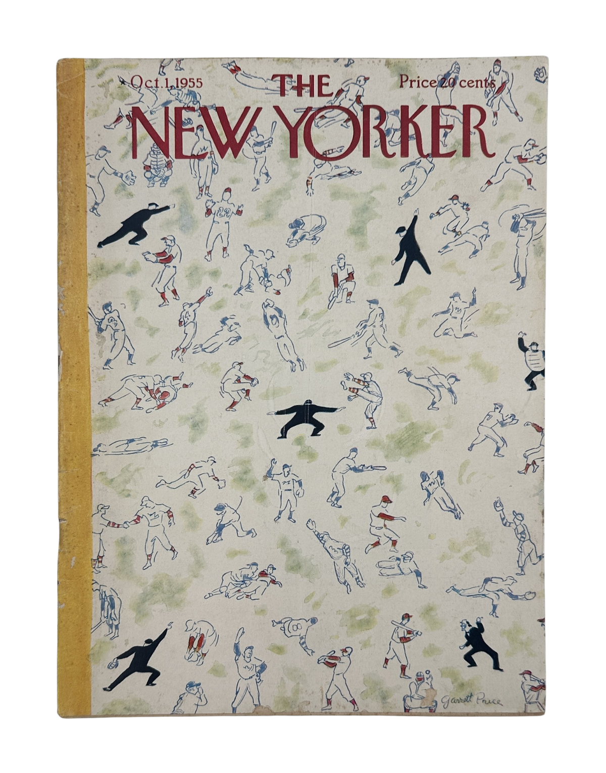 The New Yorker Magazine October 1, 1955 Baseball Players Garrett Price Cover, featuring a vintage illustrated baseball scene with players, umpires, and batsmen across the cover.