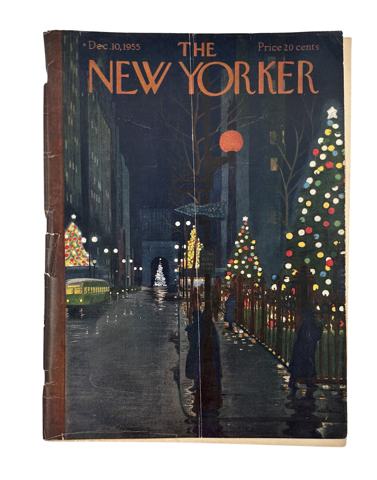 The New Yorker Magazine December 10, 1955 Christmas Trees Night Daniel Brustlein Cover, featuring a nighttime city street lined with illuminated Christmas trees and holiday lights; vintage magazine in reader condition with visible spine and cover wear.