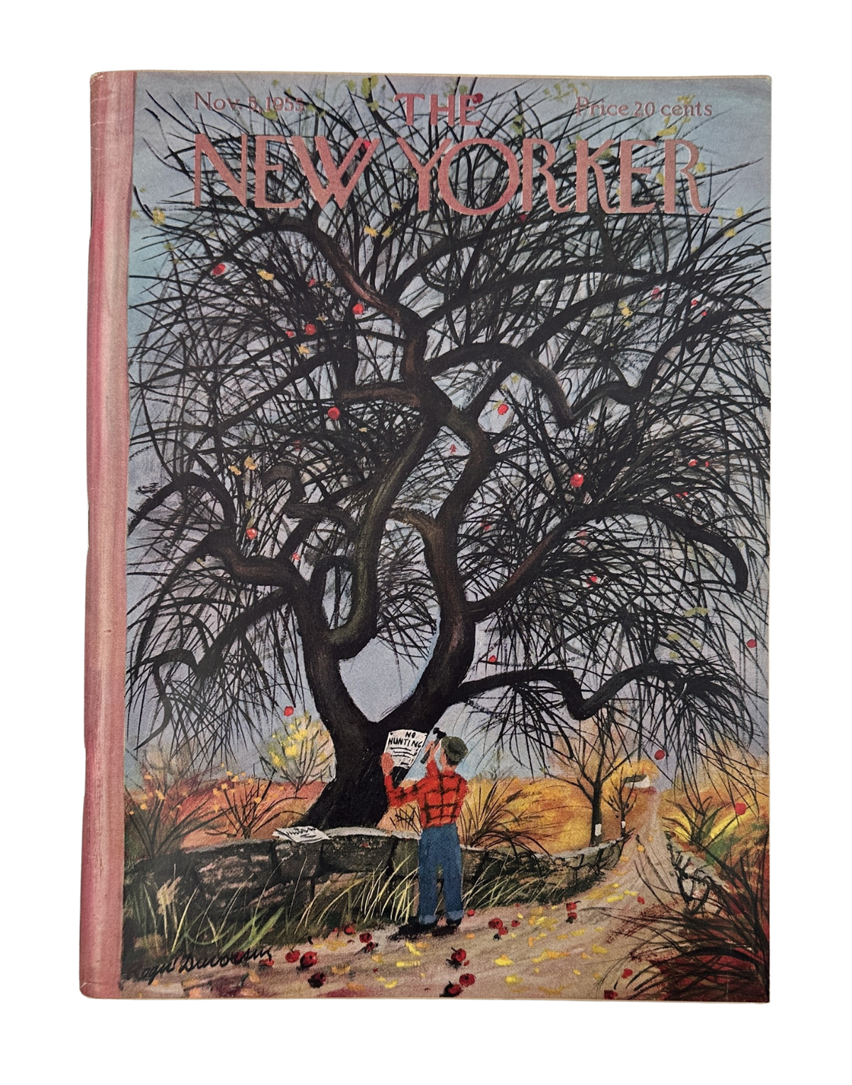 The New Yorker Magazine November 5, 1955 Apple Tree Roger Duvoisin Cover featuring a child beneath a large apple tree with red apples and an autumn landscape