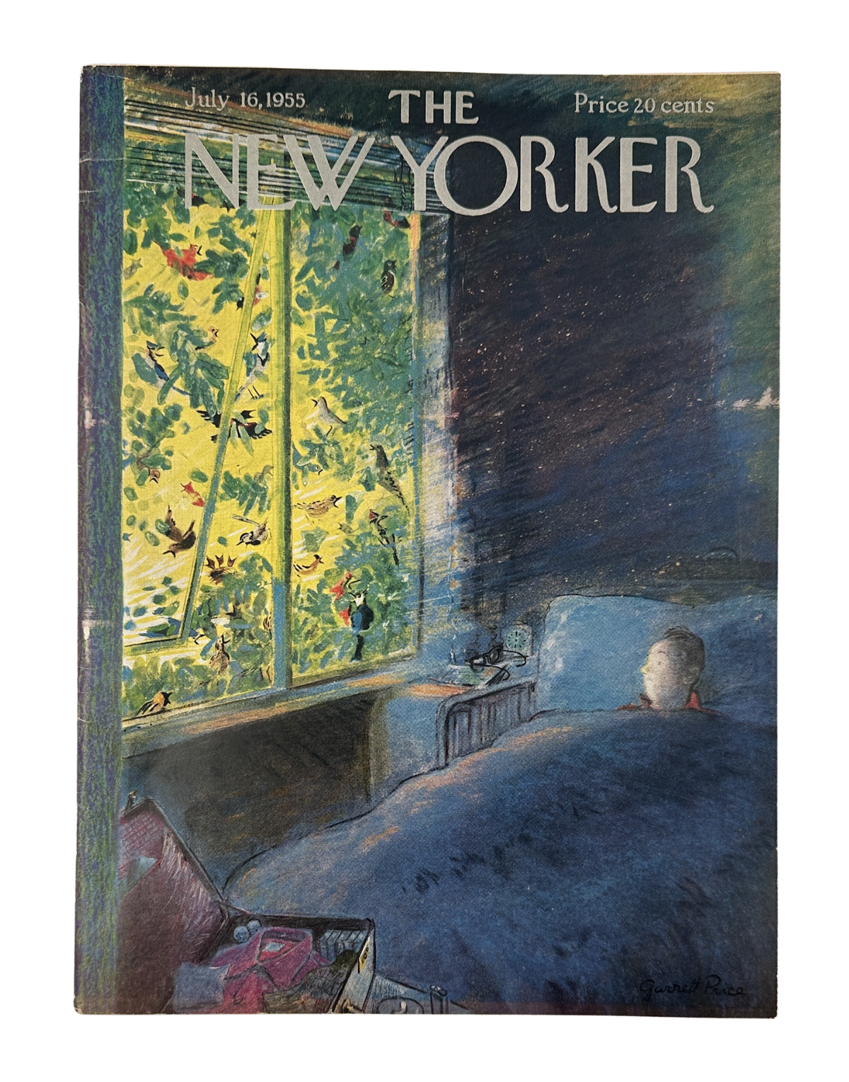 The New Yorker Magazine July 16, 1955 Child Bed Window Birds Garrett Price Cover, featuring a child in bed looking out at birds through a sunlit window.