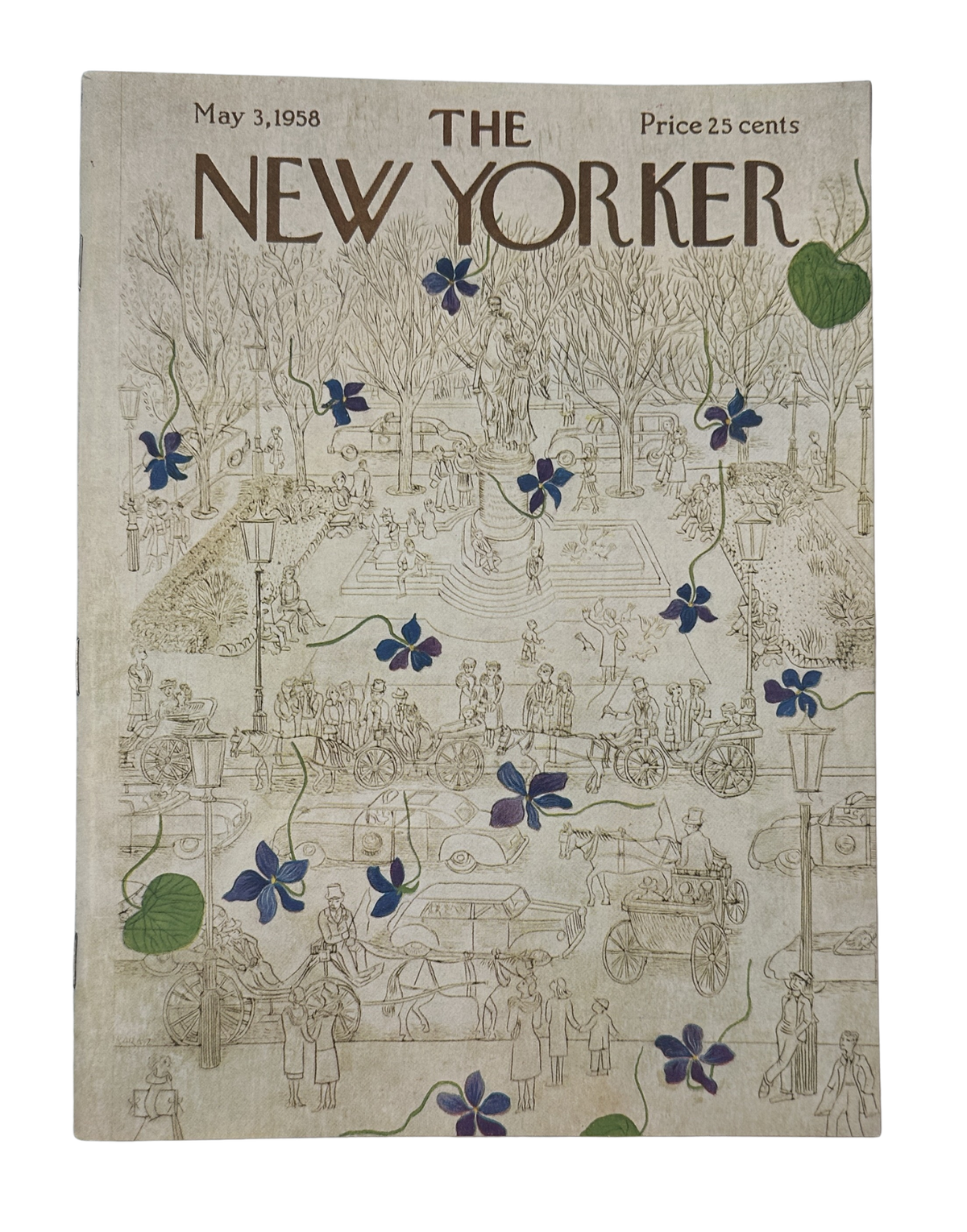 The New Yorker Magazine May 3, 1958 Park Fountain Ilonka Karasz Cover VG, featuring an illustrated park fountain scene with flowers, trees, and people on the vintage front cover