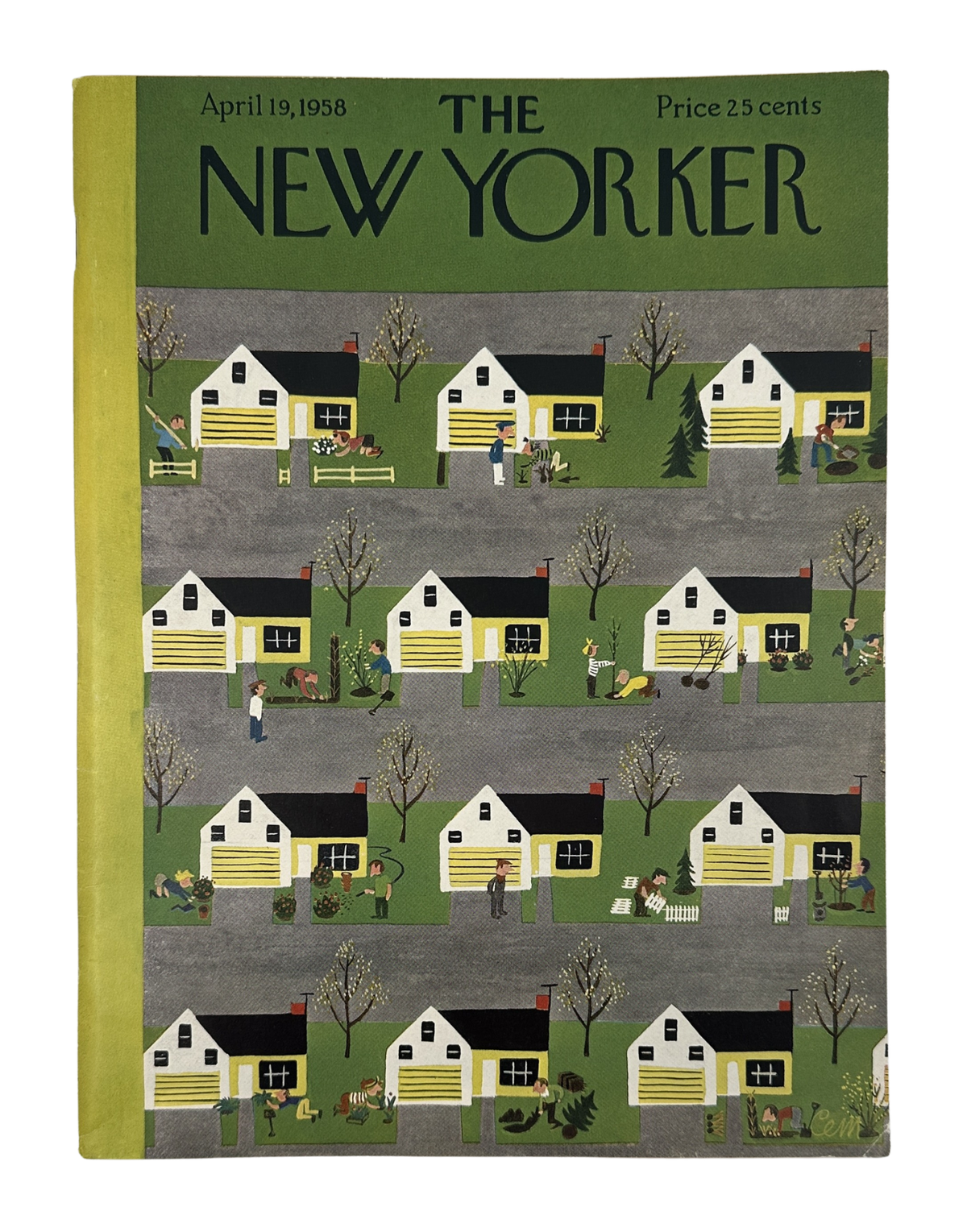 The New Yorker Magazine April 19, 1958 Suburban Spring Yardwork Charles Martin Cover VG, featuring a repeating suburban neighborhood illustration with houses, lawns, trees, and families doing spring yardwork.