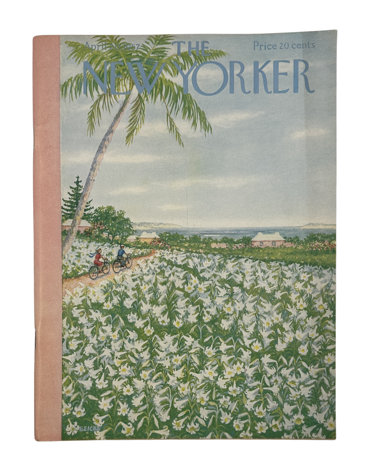 The New Yorker Magazine April 20, 1957 Tropical Flower Field Cyclists Edna Eicke Cover, featuring cyclists riding beside a tropical flower field and palm tree.