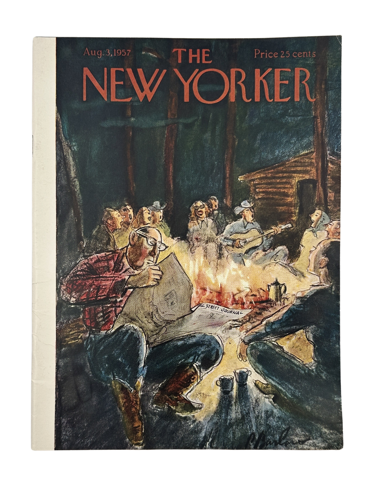 The New Yorker Magazine August 3, 1957 Campfire Guitar Perry Barlow Cover VG, vintage cover featuring campers gathered around a campfire while one person plays guitar.