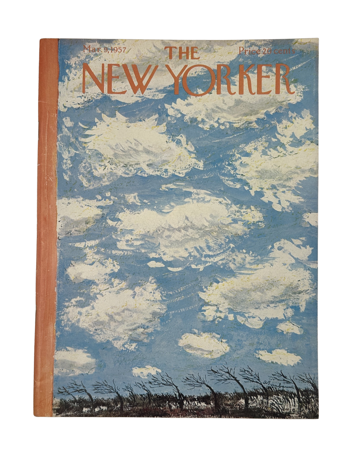 The New Yorker Magazine March 9, 1957 Windy Clouds Abe Birnbaum Cover Art VG, featuring a blue and white cloudy sky over windswept trees with the classic New Yorker masthead.