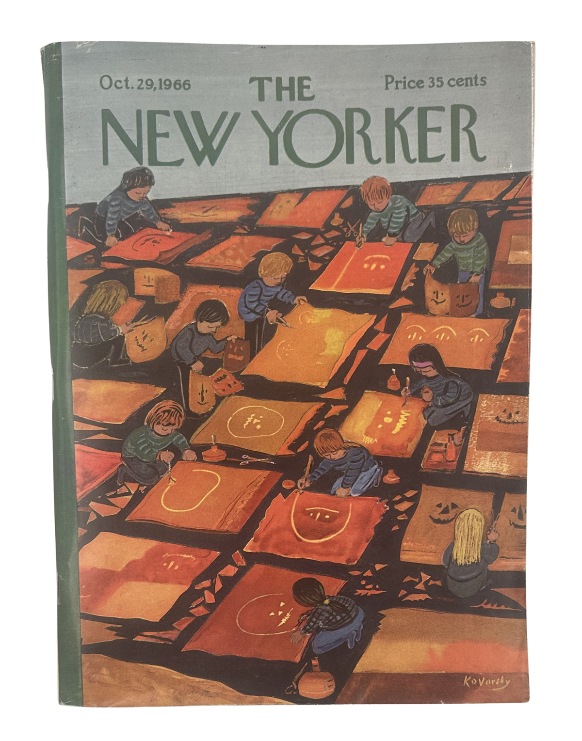 The New Yorker Magazine October 29, 1966 Halloween Pumpkin Anatol Kovarsky Cover featuring children carving Halloween pumpkins at tables in an illustrated vintage cover design