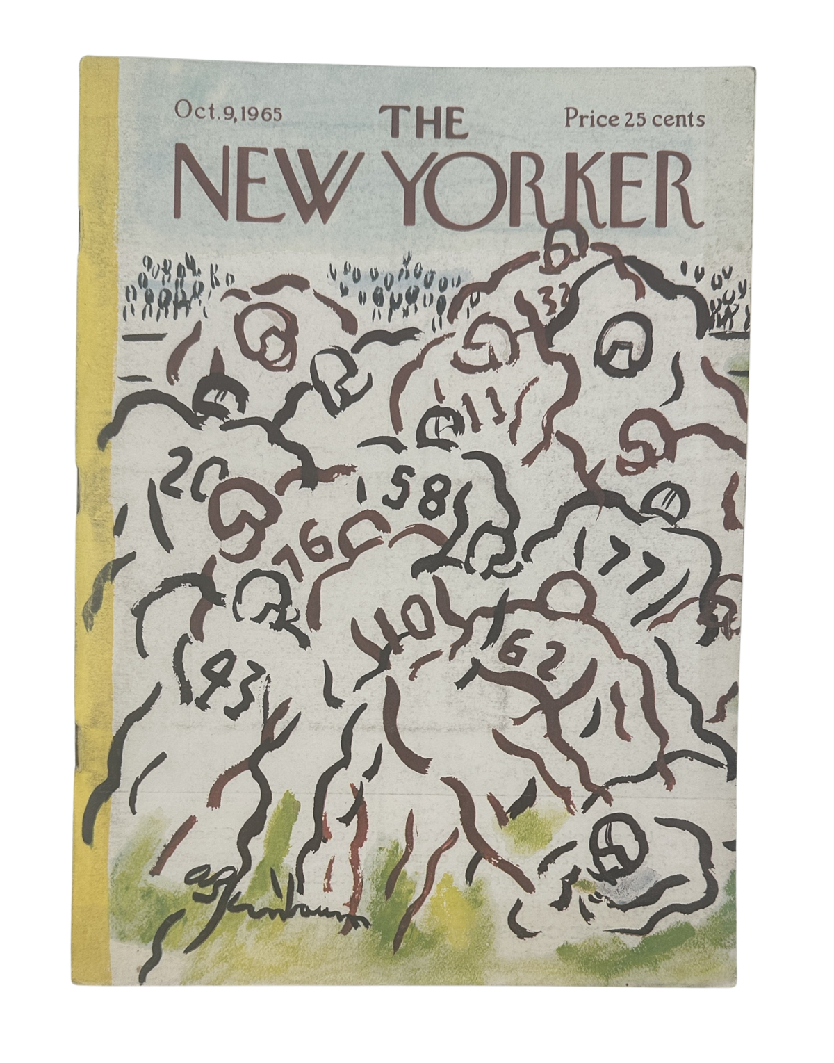 The New Yorker Magazine October 9, 1965 Football Players Abe Birnbaum Cover, featuring a vintage illustrated football scene with numbered players.
