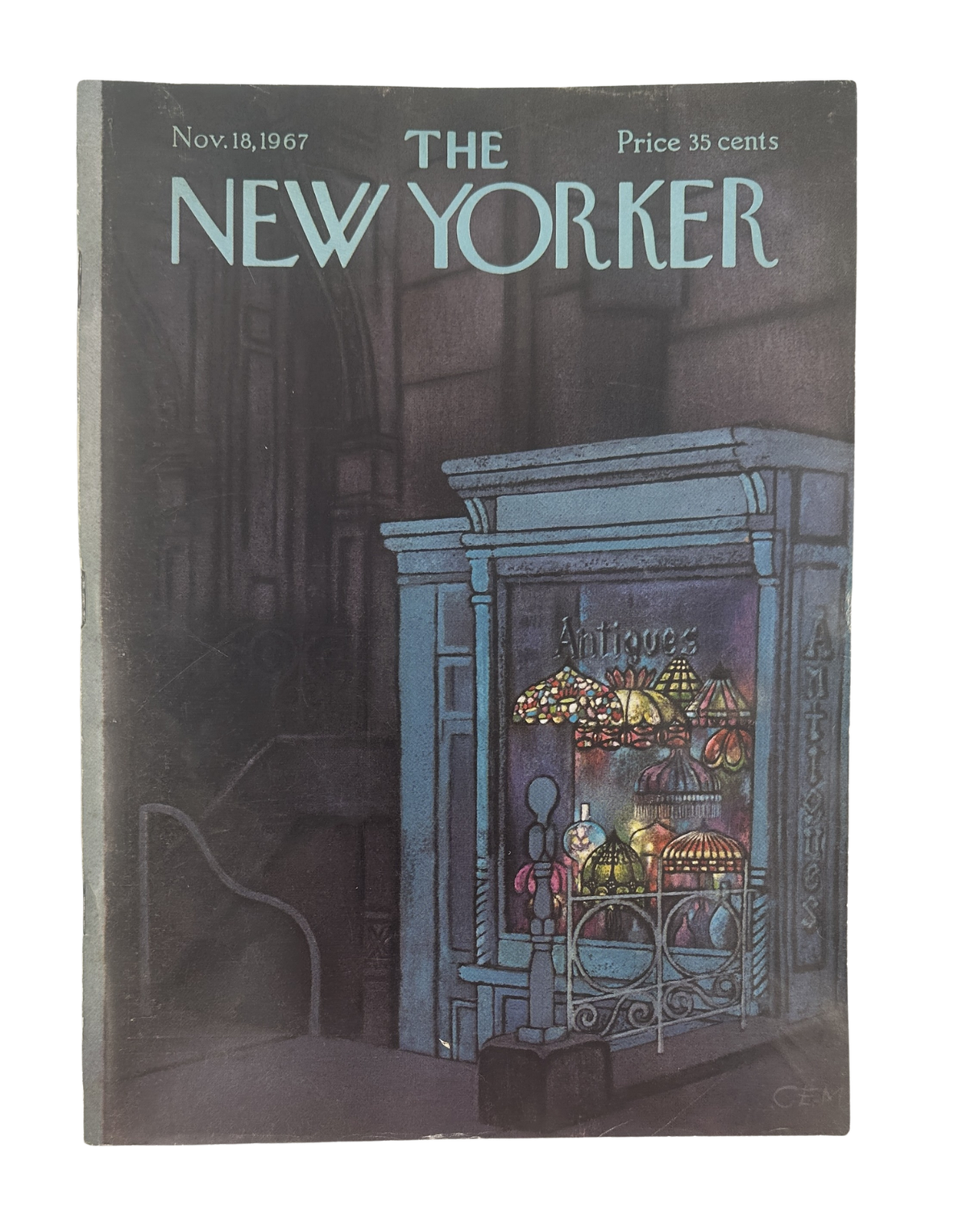 The New Yorker Magazine November 18, 1967 Antiques Shop Charles Martin Cover featuring an illustrated antiques shop storefront and vintage magazine cover artwork
