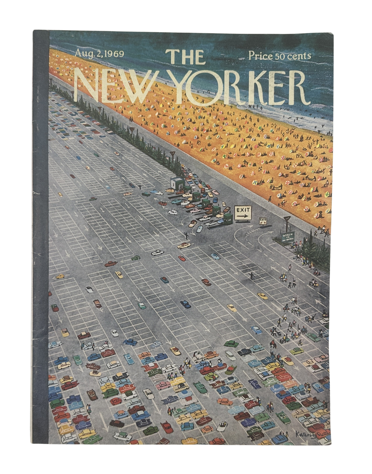 The New Yorker Magazine August 2, 1969 Beach Parking Anatol Kovarsky Cover VG, vintage magazine cover featuring an illustrated beach crowded with sunbathers beside a large parking lot filled with cars.