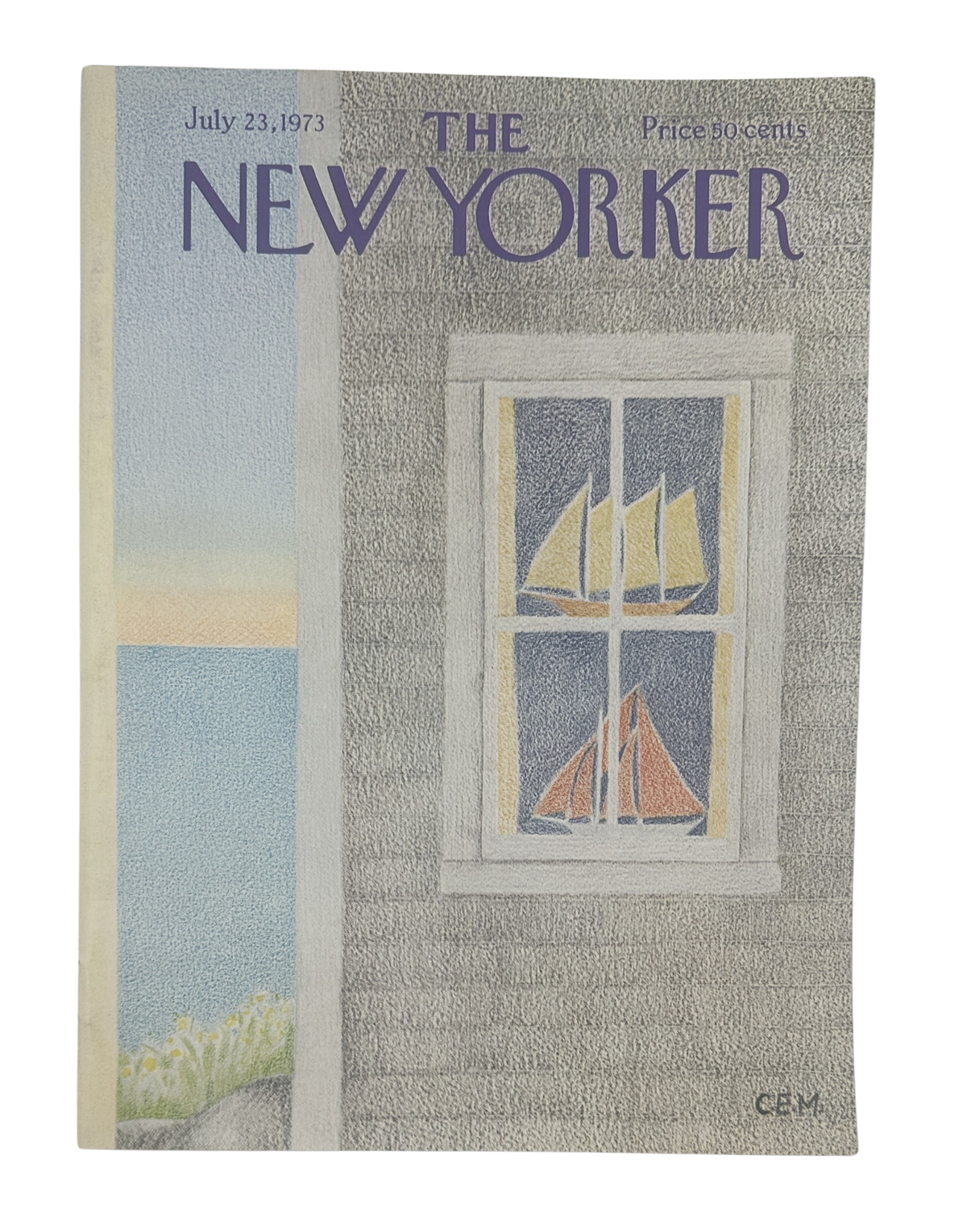 The New Yorker Magazine July 23, 1973 Sailboats Window Charles E. Martin Cover VG, showing the illustrated vintage cover with sailboats viewed through a window.