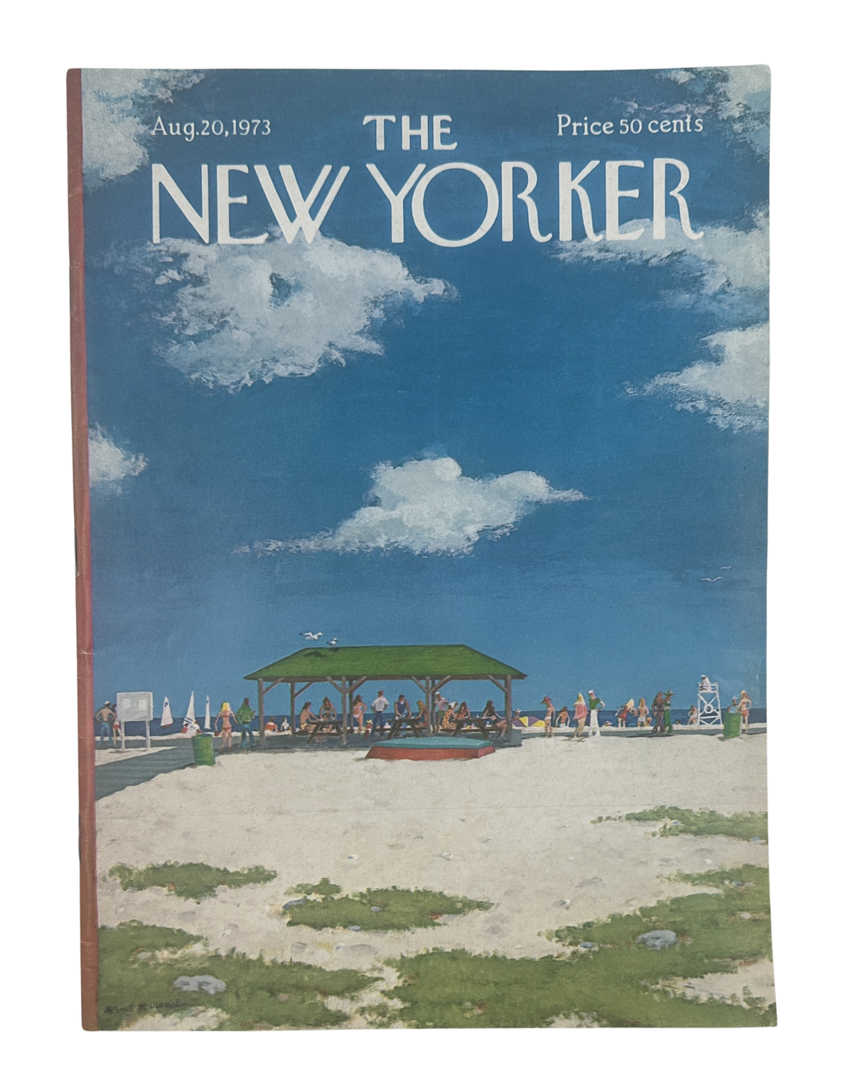 The New Yorker Magazine August 20, 1973 Beach Albert Hubbell Cover VG, featuring a beach pavilion, people, blue sky, and clouds on the vintage magazine cover