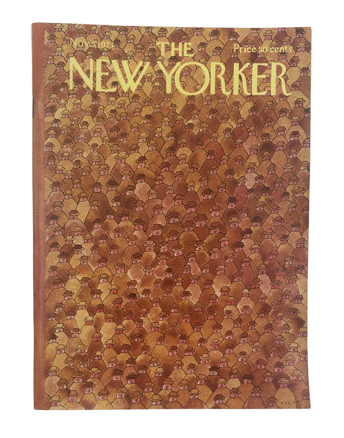 The New Yorker Magazine November 5, 1973 Crowd Hats Jean-Michel Folon Cover VG, featuring a vintage illustrated crowd cover in warm brown and orange tones.