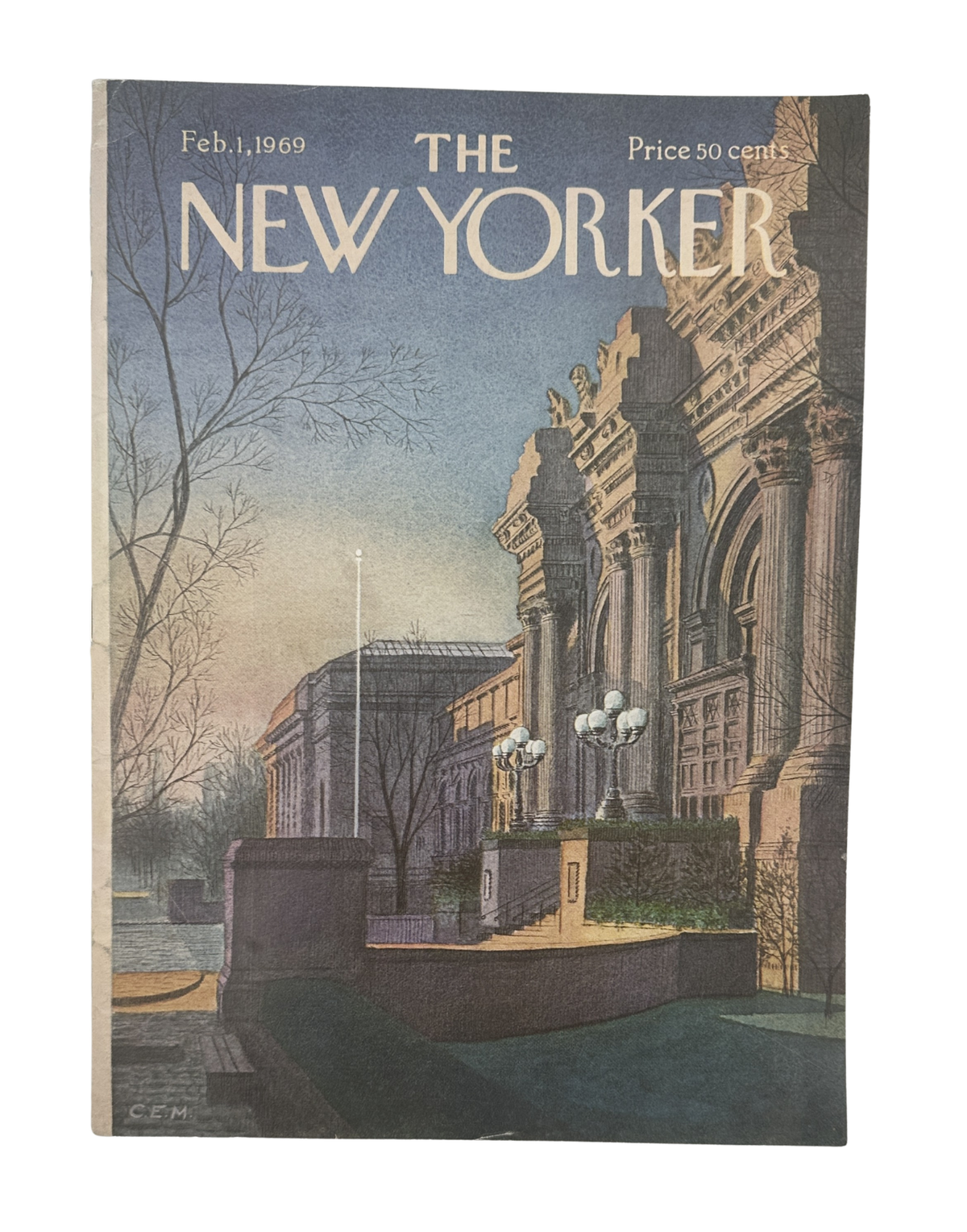 The New Yorker Magazine February 1, 1969 Museum Facade Charles E. Martin Cover VG, featuring an illustrated museum facade and winter street scene.
