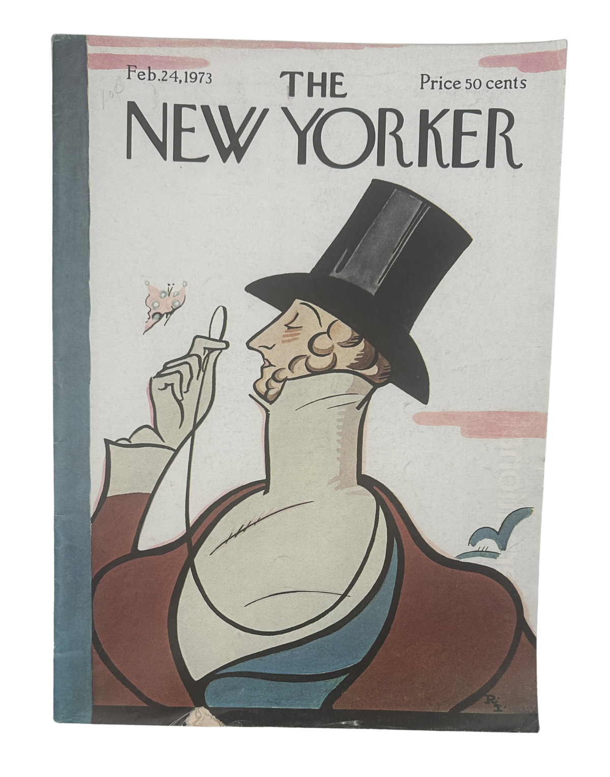 The New Yorker Magazine February 24, 1973 Top Hat Rea Irvin Cover VG, featuring an illustrated gentleman in a tall black top hat on the vintage magazine cover