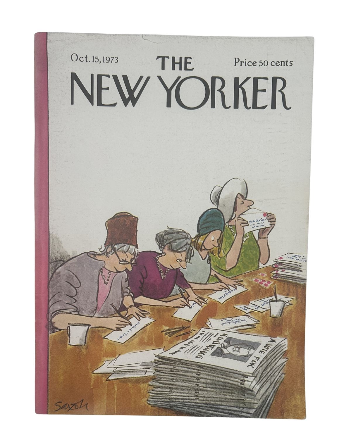 The New Yorker Magazine October 15, 1973 Vote For Postcards Charles Saxon Cover VG, front cover featuring a Charles Saxon illustration of people sorting postcards and mail at a table.