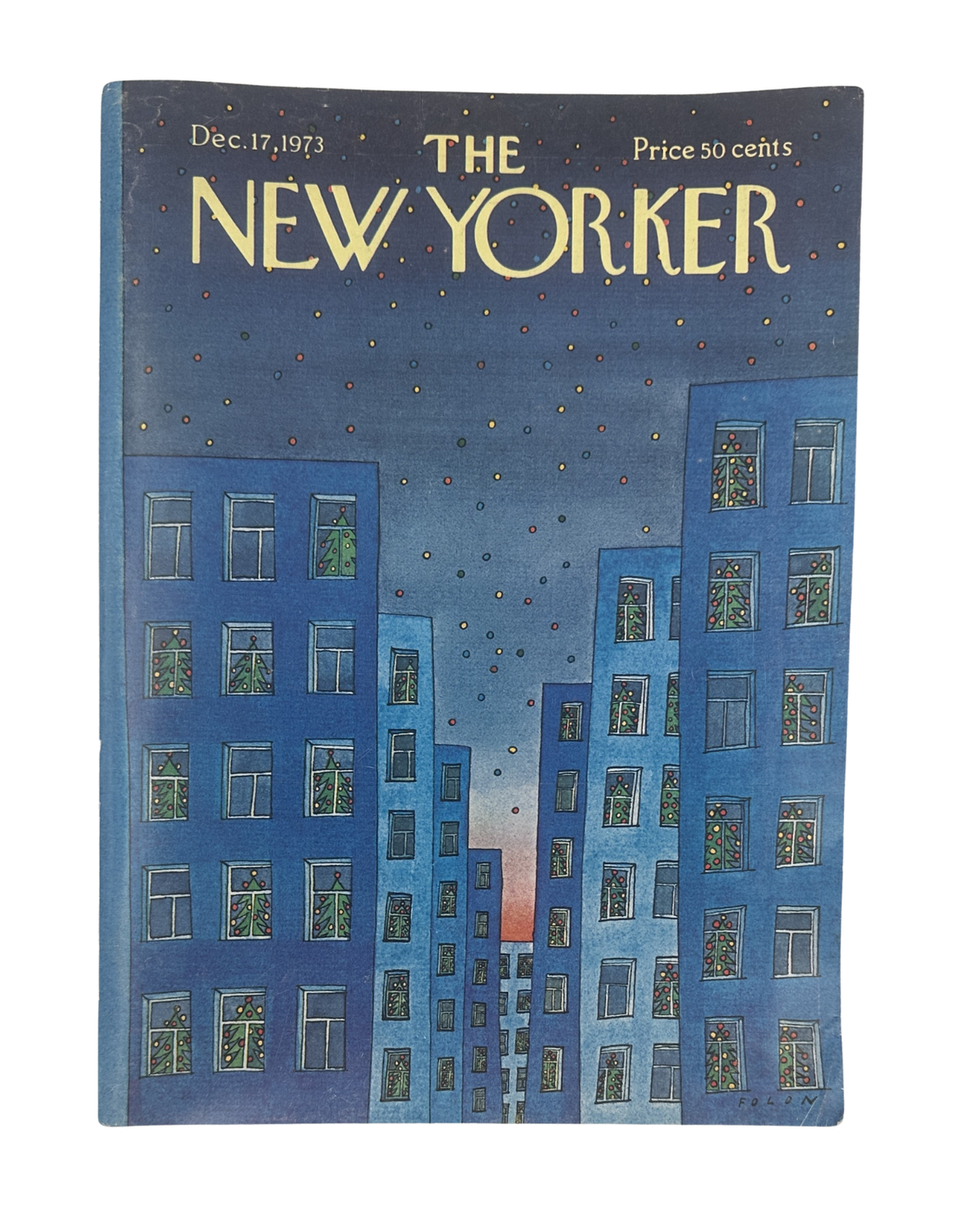 The New Yorker Magazine December 17, 1973 Nighttime Christmas City Scene Jean-Michel Folon Cover VG, featuring a blue nighttime cityscape with illuminated apartment windows and stars.