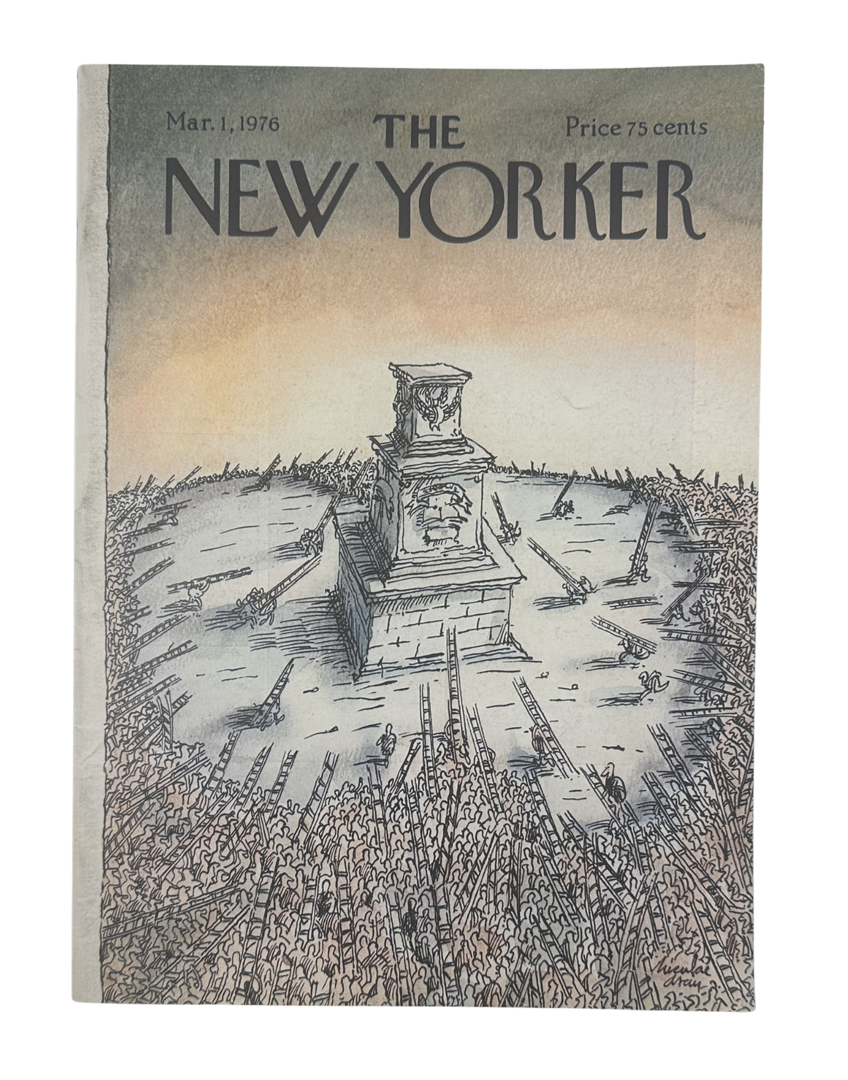 The New Yorker Magazine March 1, 1976 War Monument Niculae Asciu Cover VG, vintage magazine cover featuring a war monument surrounded by a large crowd and cemetery landscape