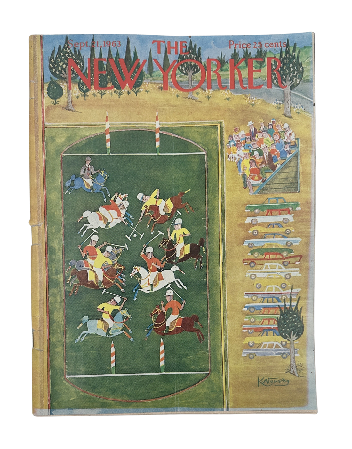 The New Yorker Magazine September 21, 1963 Polo Match Spectators Anatol Kovarsky Cover, showing vintage polo players, spectators, parked cars, and the iconic New Yorker masthead.