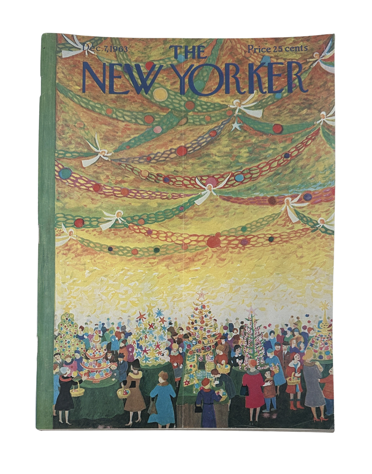 The New Yorker Magazine December 7, 1963 Christmas Tree Bazaar Crowd Ilonka Karasz Cover, featuring shoppers gathered around decorated Christmas trees beneath colorful garlands.