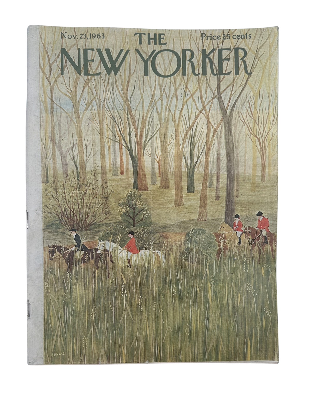 The New Yorker Magazine November 23, 1963 Fox Hunt Riders Woodland Ilonka Karasz Cover, featuring fox hunt riders on horseback in a wooded landscape.