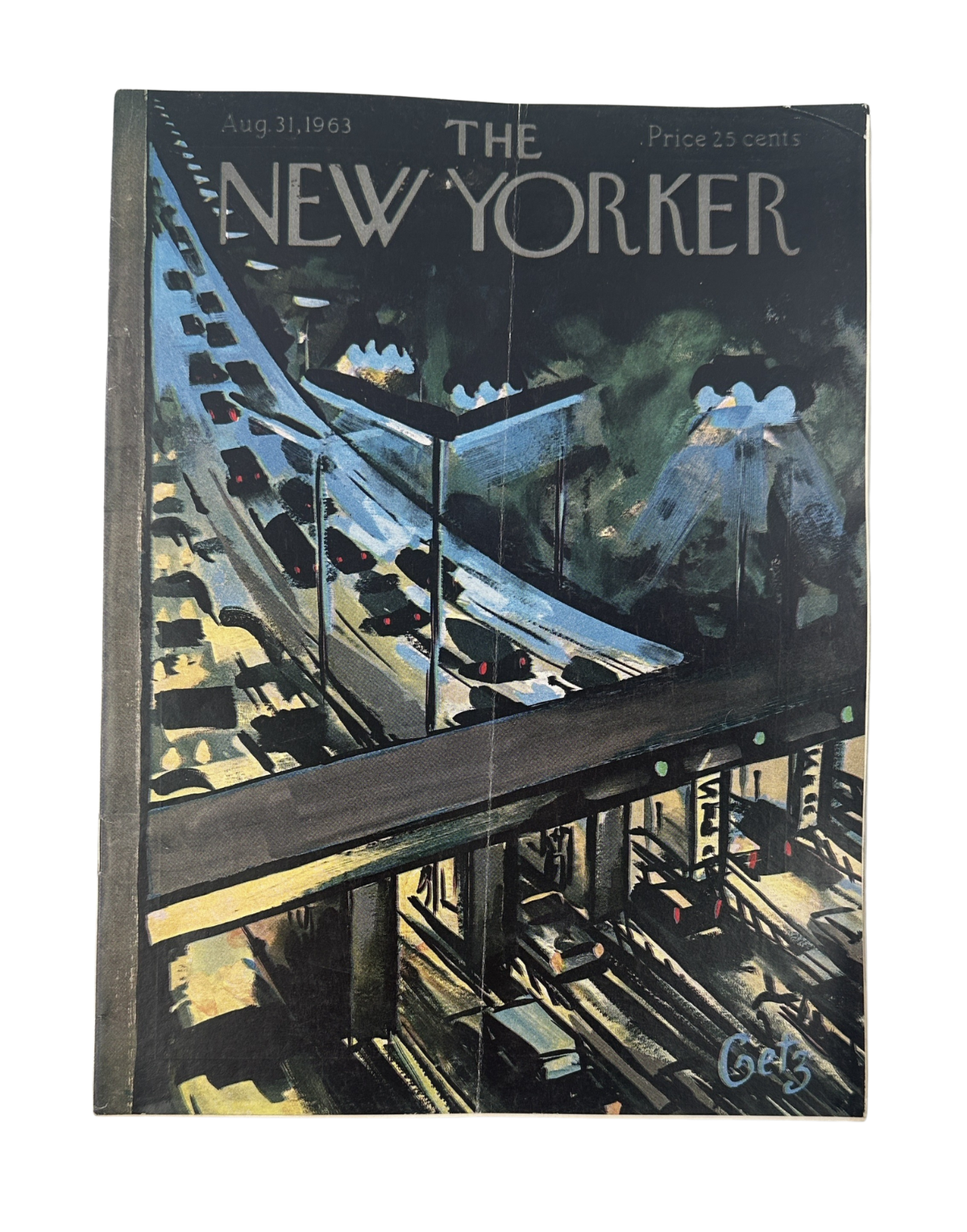 The New Yorker Magazine August 31, 1963 Night Highway Interchange Arthur Getz Cover, featuring an illustrated nighttime highway interchange with cars, elevated roadways, and city lights.