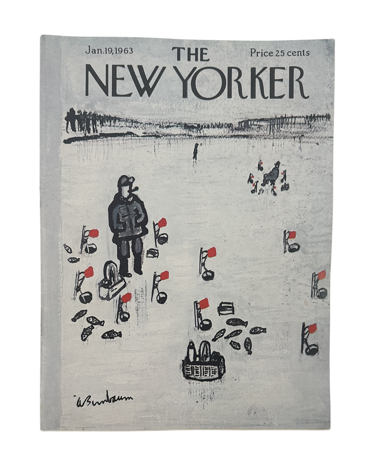 The New Yorker Magazine January 19, 1963 Ice Fishing Winter Abe Birnbaum Cover featuring an illustrated winter ice-fishing scene with flags, skaters, and the New Yorker masthead.