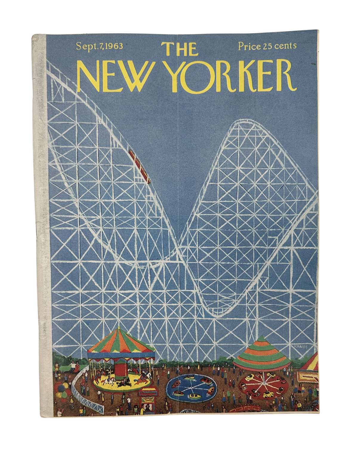 The New Yorker Magazine September 7, 1963 cover featuring a colorful amusement park with a large wooden roller coaster, carnival rides, and the classic New Yorker masthead; illustrated by Robert Kraus.