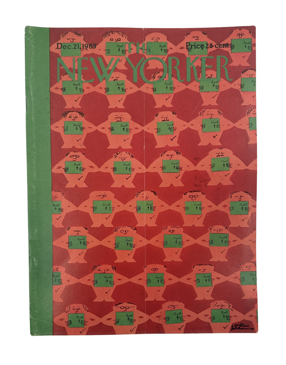 The New Yorker Magazine December 21, 1963 Christmas Choir Noel Charles Addams Cover, vintage red and green holiday cover with repeating Christmas choir illustrations and New Yorker masthead.