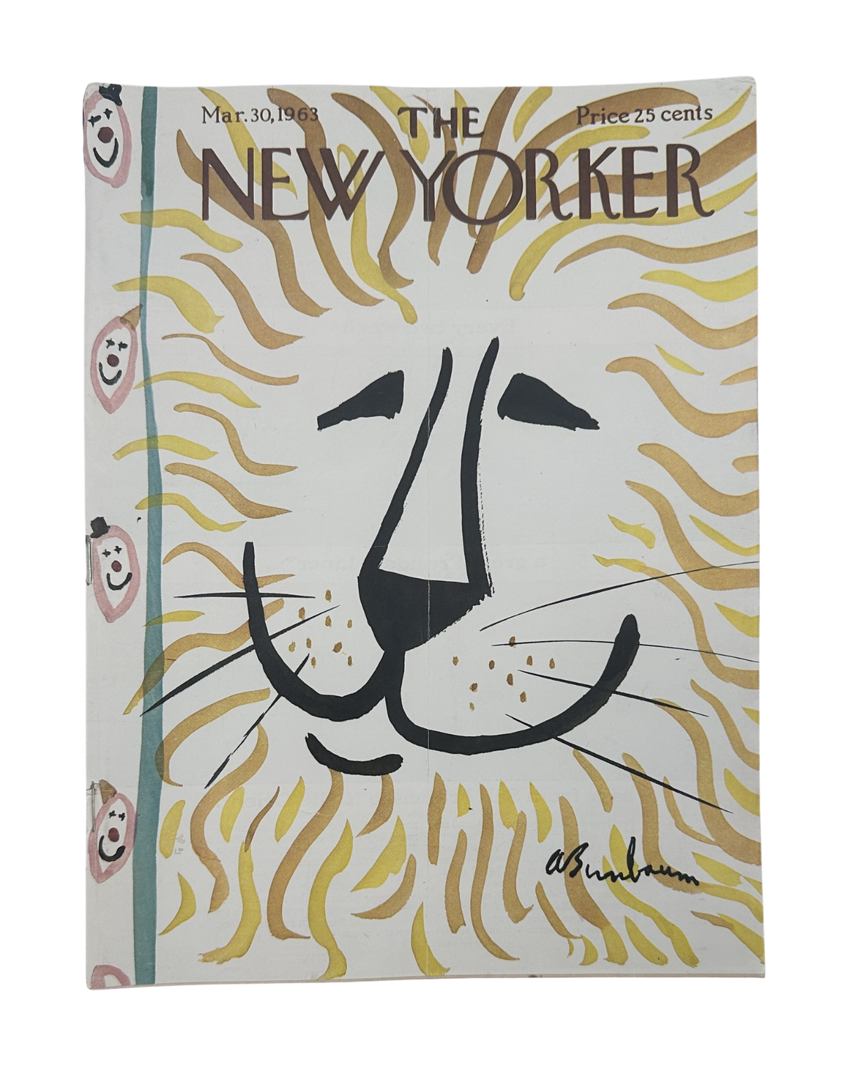 The New Yorker Magazine March 30, 1963 Lion Head Abe Birnbaum Cover featuring a stylized black lion face surrounded by gold rays and The New Yorker masthead.
