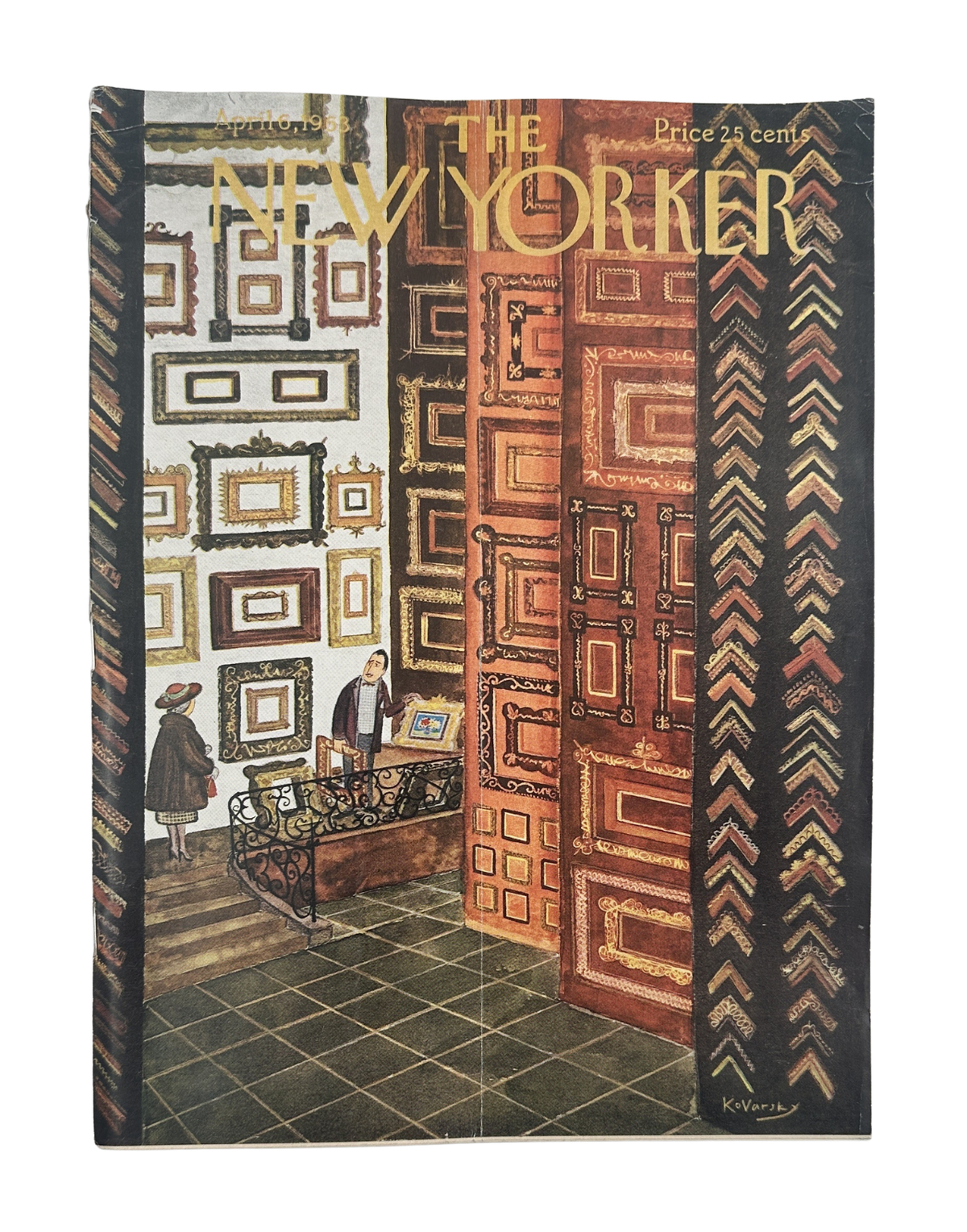 The New Yorker Magazine April 6, 1963 Ornate Frame Shop Anatol Kovarsky Cover, featuring an illustrated frame shop interior with ornate geometric artwork and customers.