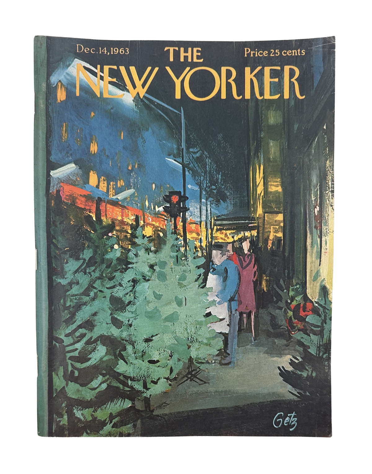 The New Yorker Magazine December 14, 1963 Christmas Tree Market Arthur Getz Cover, featuring the illustrated New Yorker Christmas tree market cover.