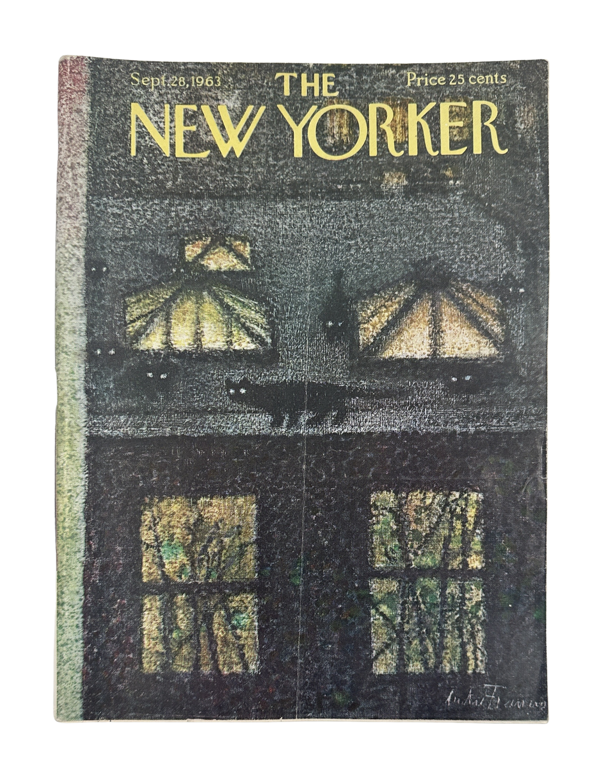 The New Yorker Magazine September 28, 1963 Lit House Windows Night André François Cover, featuring a dark illustrated house with glowing windows on the vintage magazine front cover.