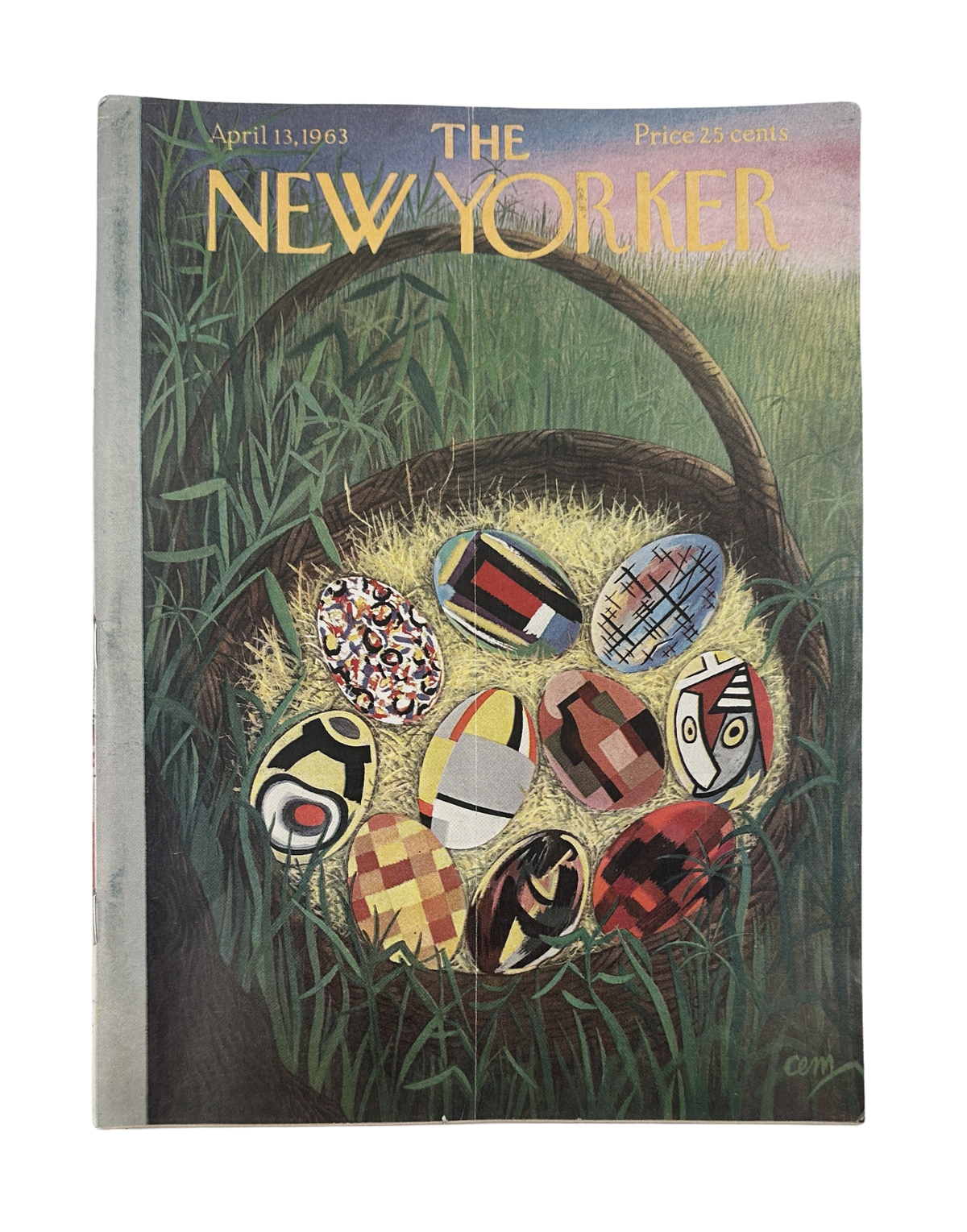 The New Yorker Magazine April 13, 1963 Modern Art Easter Eggs Charles Martin Cover, featuring colorful abstract Easter eggs nestled in grass on the vintage magazine cover.