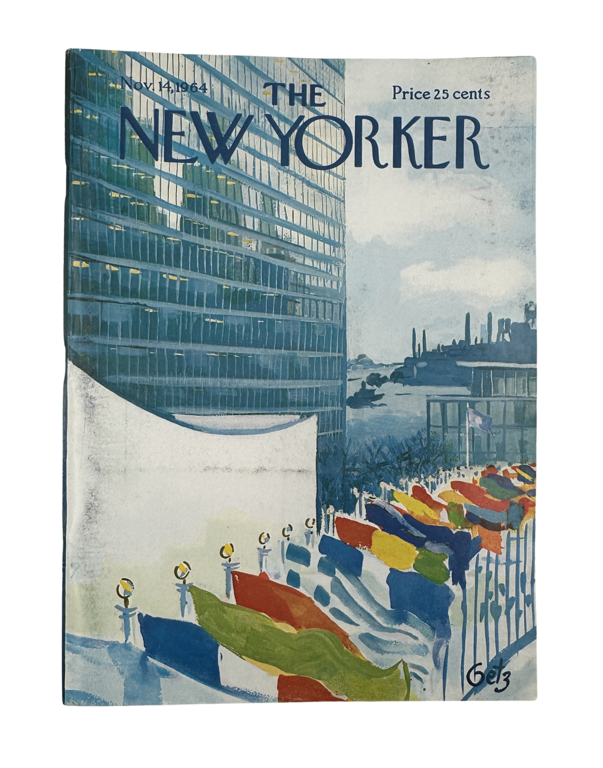 The New Yorker Magazine November 14, 1964 Airport Observation Deck Arthur Getz Cover, featuring an illustrated airport observation deck with colorful flags, modern building architecture, and a distant city skyline.