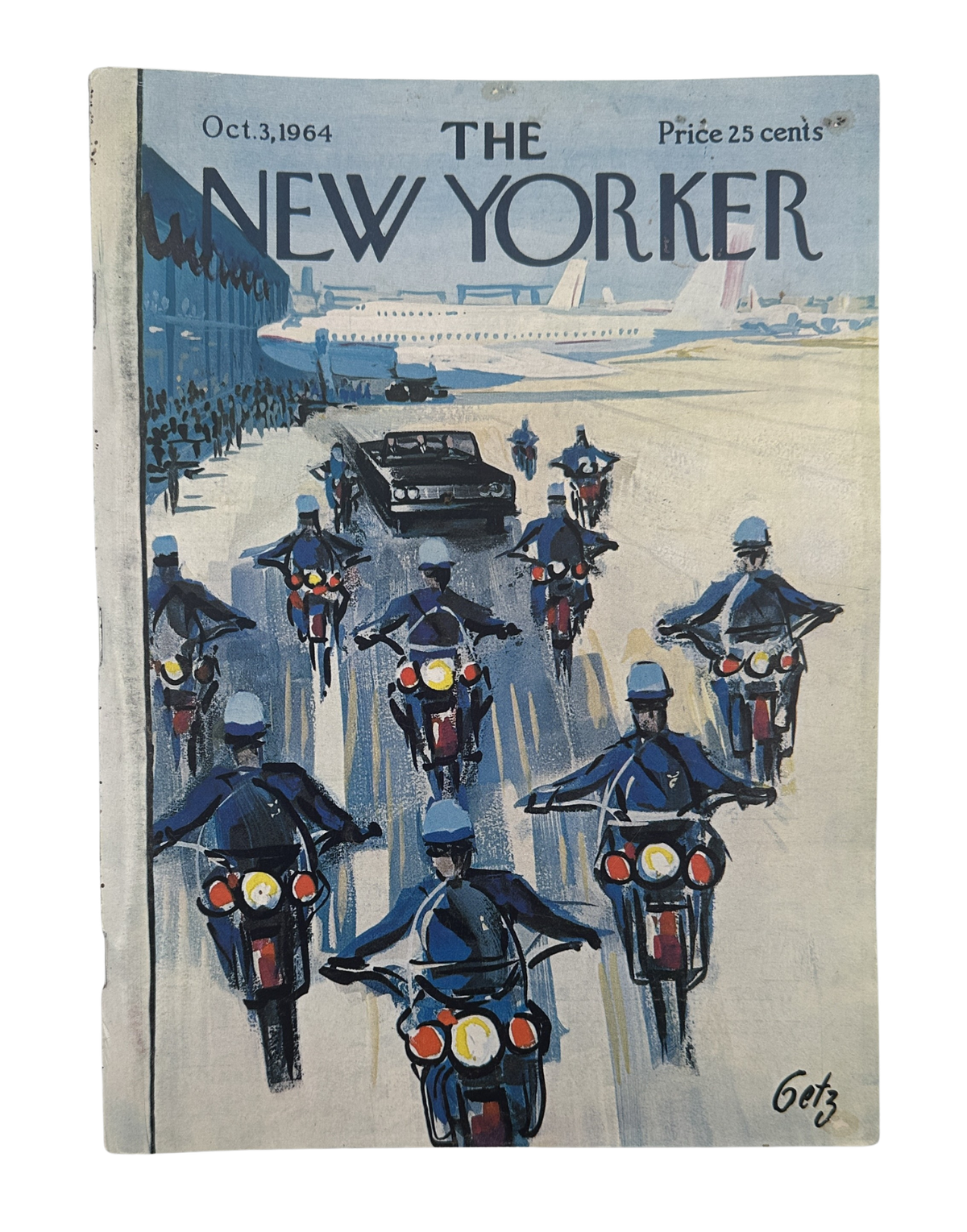 The New Yorker Magazine October 3, 1964 Airport Motorcycle Escort Arthur Getz Cover, featuring motorcycle police escorting a limousine toward an airplane.