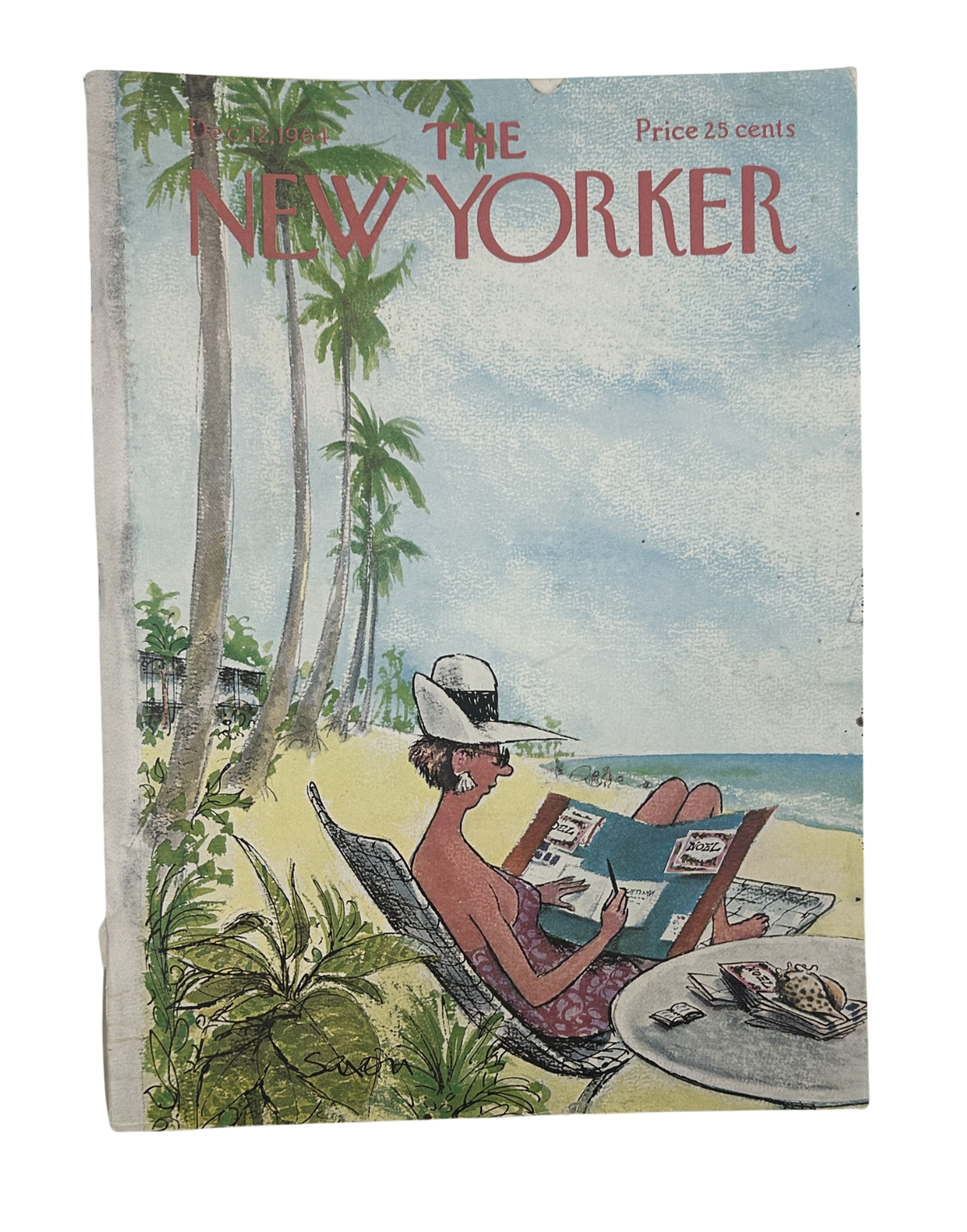 The New Yorker Magazine December 12, 1964 Beach Christmas Cards Charles D. Saxon Cover, complete front cover featuring a woman relaxing on a tropical beach with palm trees.