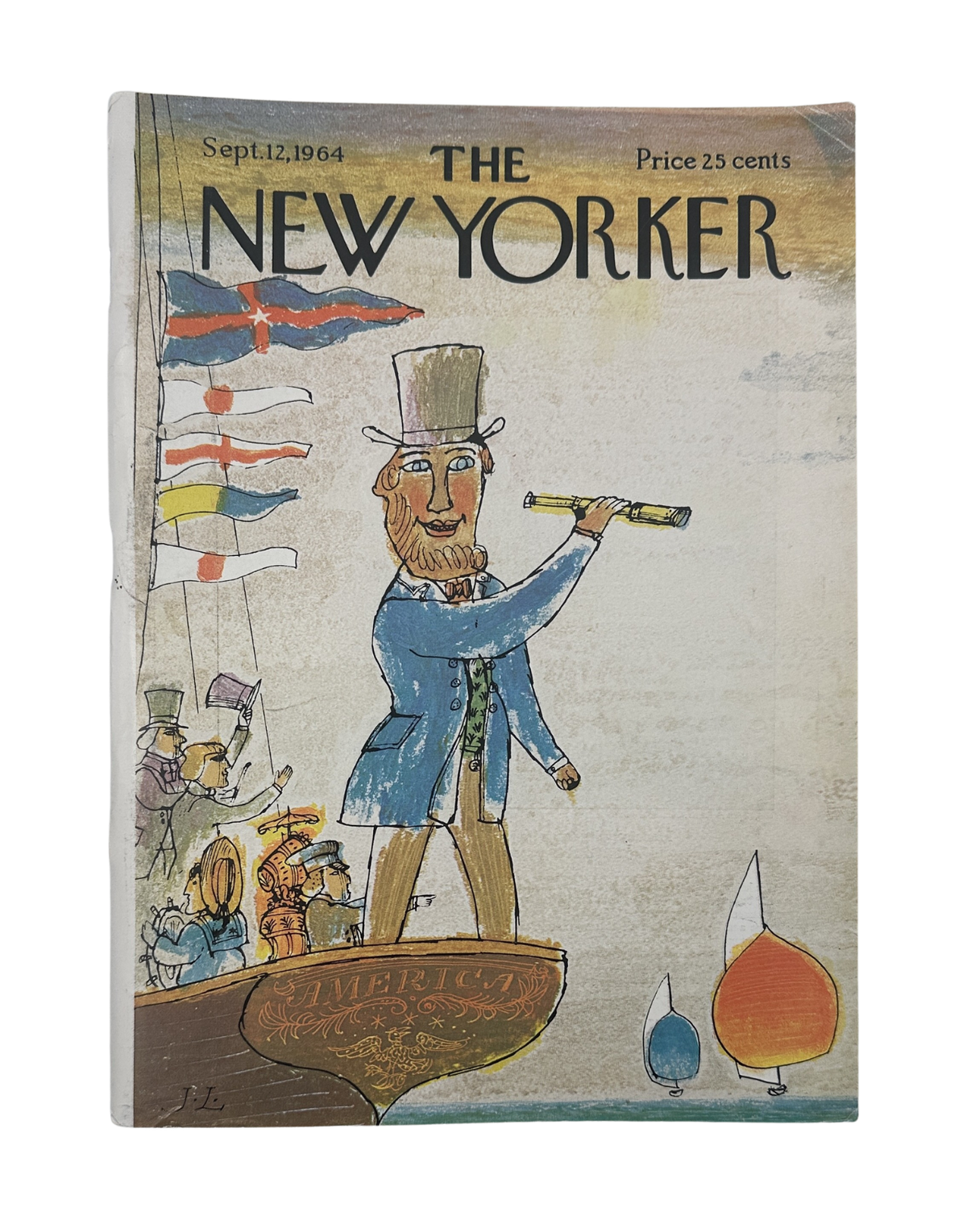 The New Yorker Magazine September 12, 1964 American Ship Telescope Joseph Low Cover, featuring a vintage illustrated American ship captain holding a telescope with signal flags.