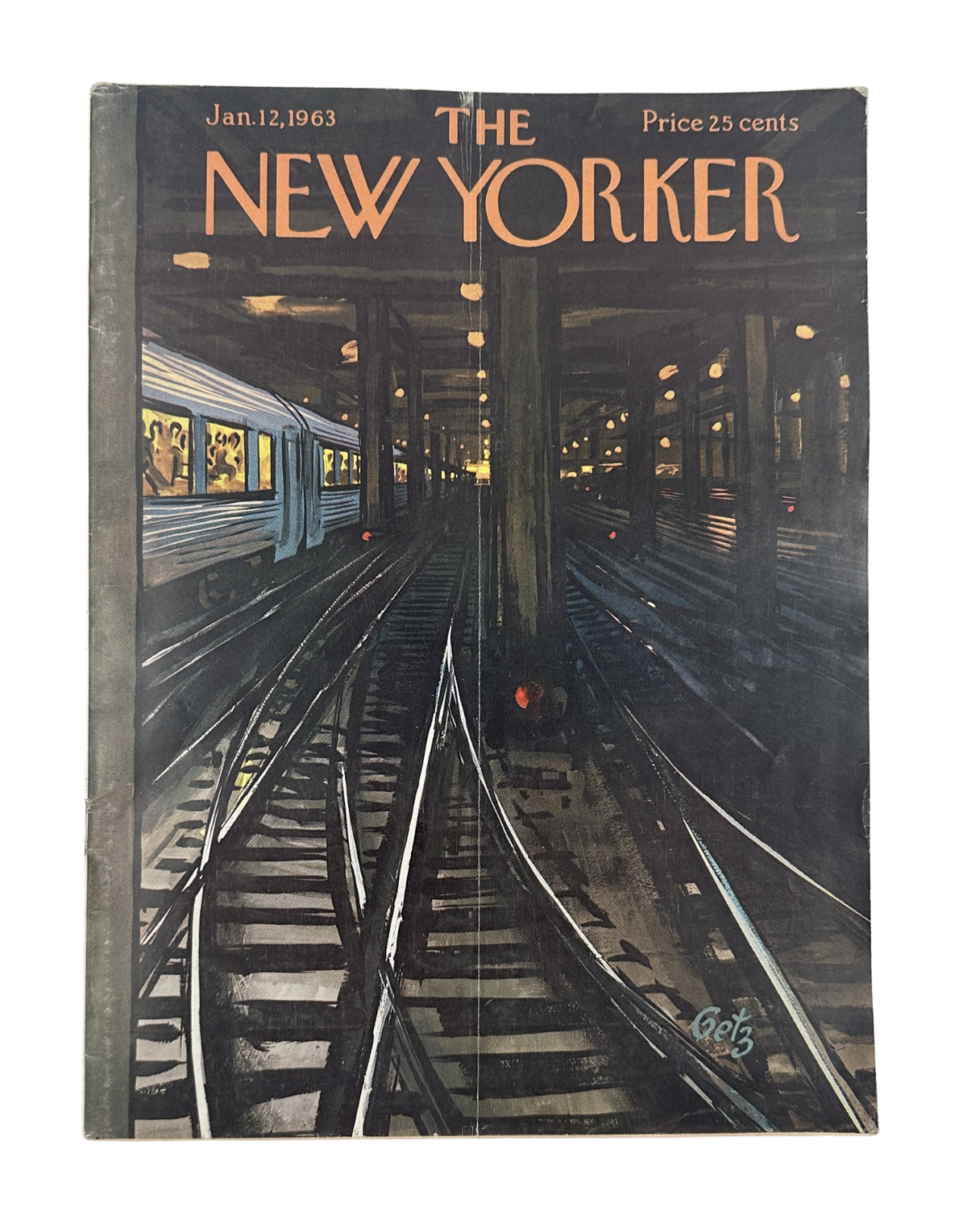 The New Yorker Magazine January 12, 1963 Subway Tracks Train Arthur Getz Cover, featuring a subway train traveling through dark tracks in New York City.