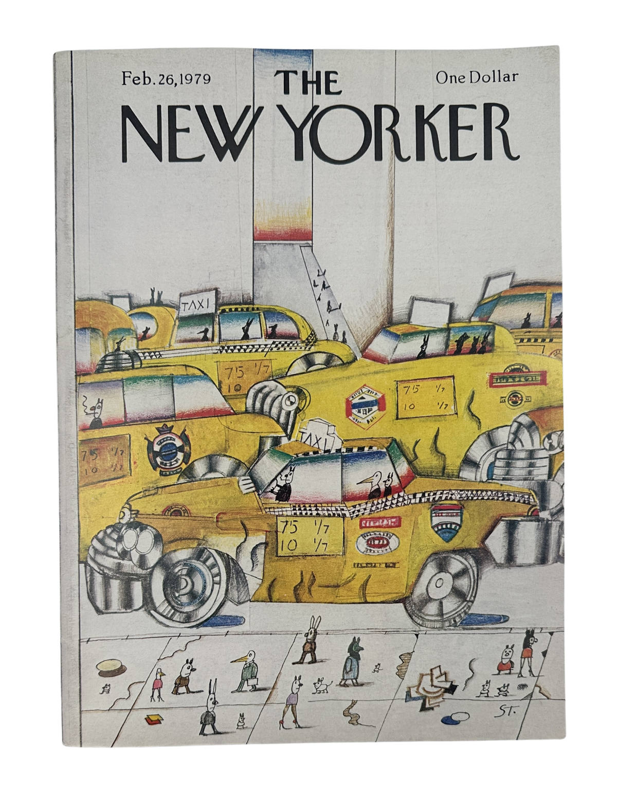The New Yorker Magazine February 26, 1979 Yellow Taxi Jam City Saul Steinberg Cover VG, featuring a colorful illustration of yellow taxis and traffic in a city street.