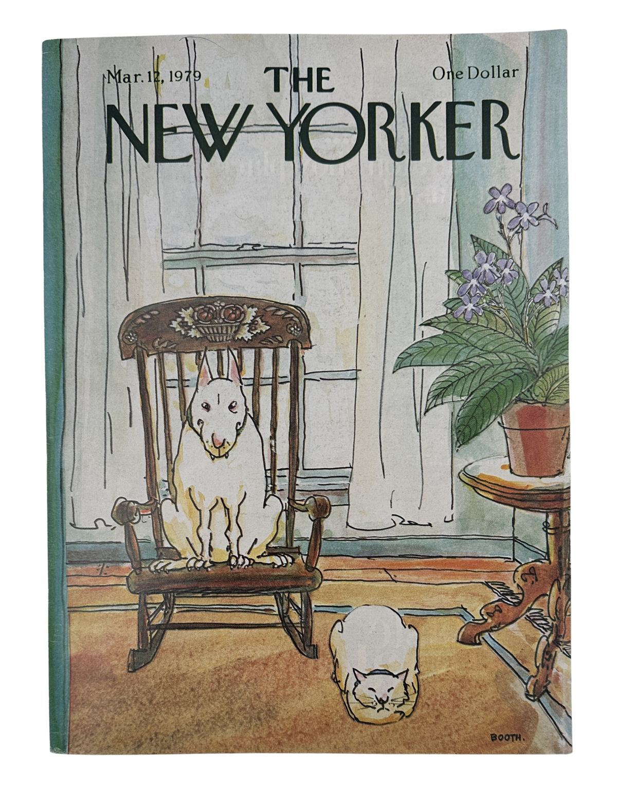 The New Yorker Magazine March 12, 1979 Bull Terrier Cat Rocking Chair George Booth VG, illustrated cover featuring a bull terrier sitting in a rocking chair and a cat beside a potted flowering plant.