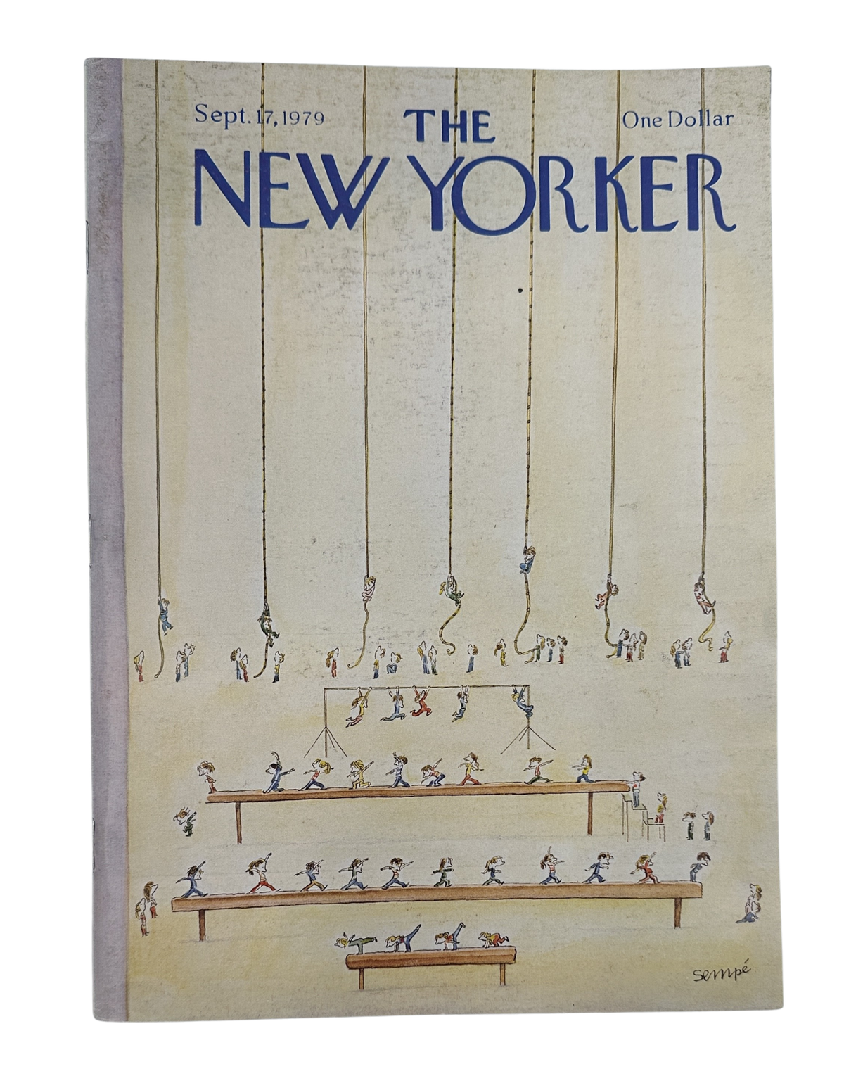 The New Yorker Magazine September 17, 1979 Gym Class Rope J. J. Sempé Cover, featuring vintage gym class artwork with children exercising on ropes and balance beams.