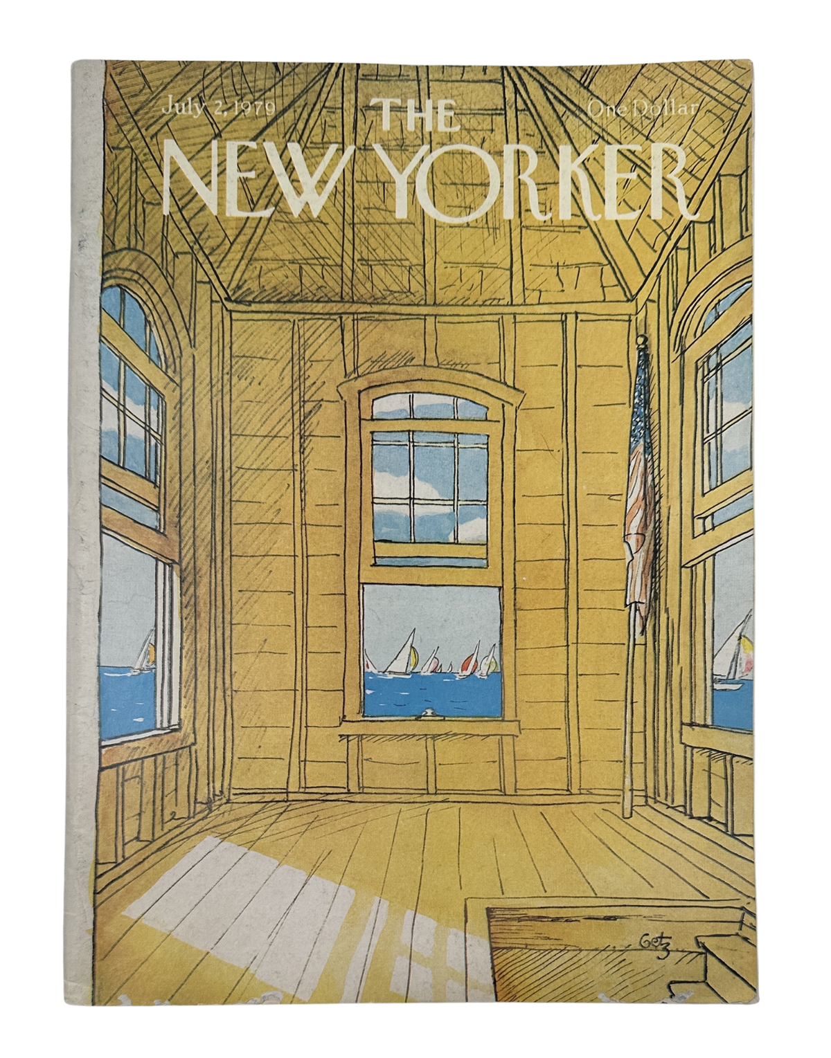 The New Yorker Magazine July 2, 1979 Harbor View Sailboats Arthur Getz Cover, featuring an illustrated harbor view with sailboats seen through a wooden room interior.