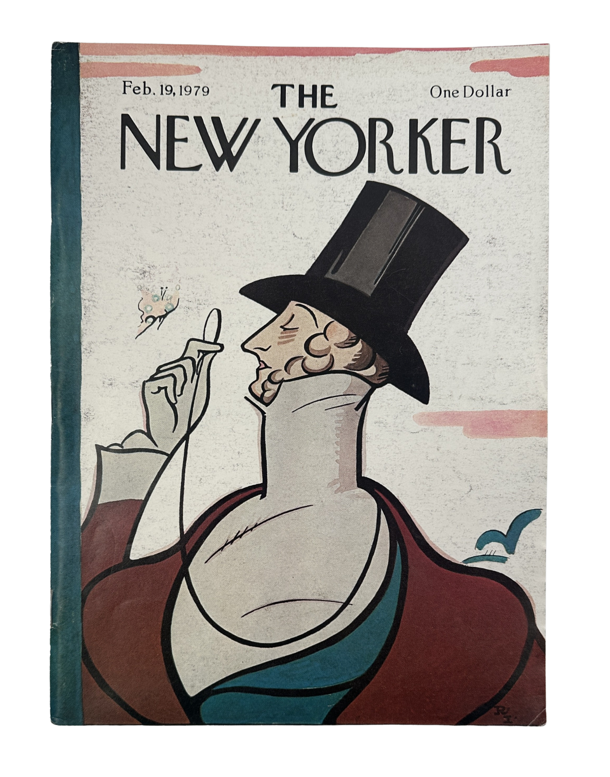 The New Yorker Magazine February 19, 1979 Top Hat Butterfly Rea Irvin Cover featuring a vintage illustrated character in a black top hat and butterfly-themed attire.