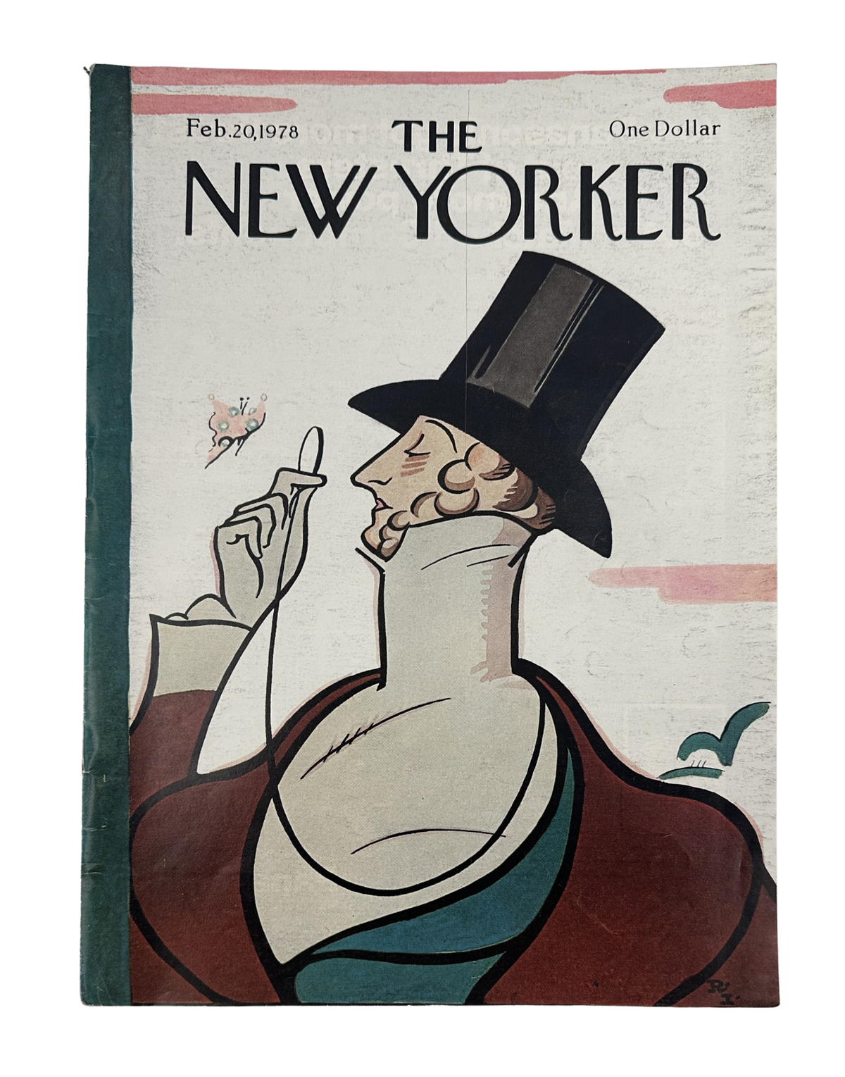 The New Yorker Magazine February 20, 1978 Top Hat Butterfly Rea Irvin Cover featuring an illustrated gentleman in a tall black top hat and burgundy coat.